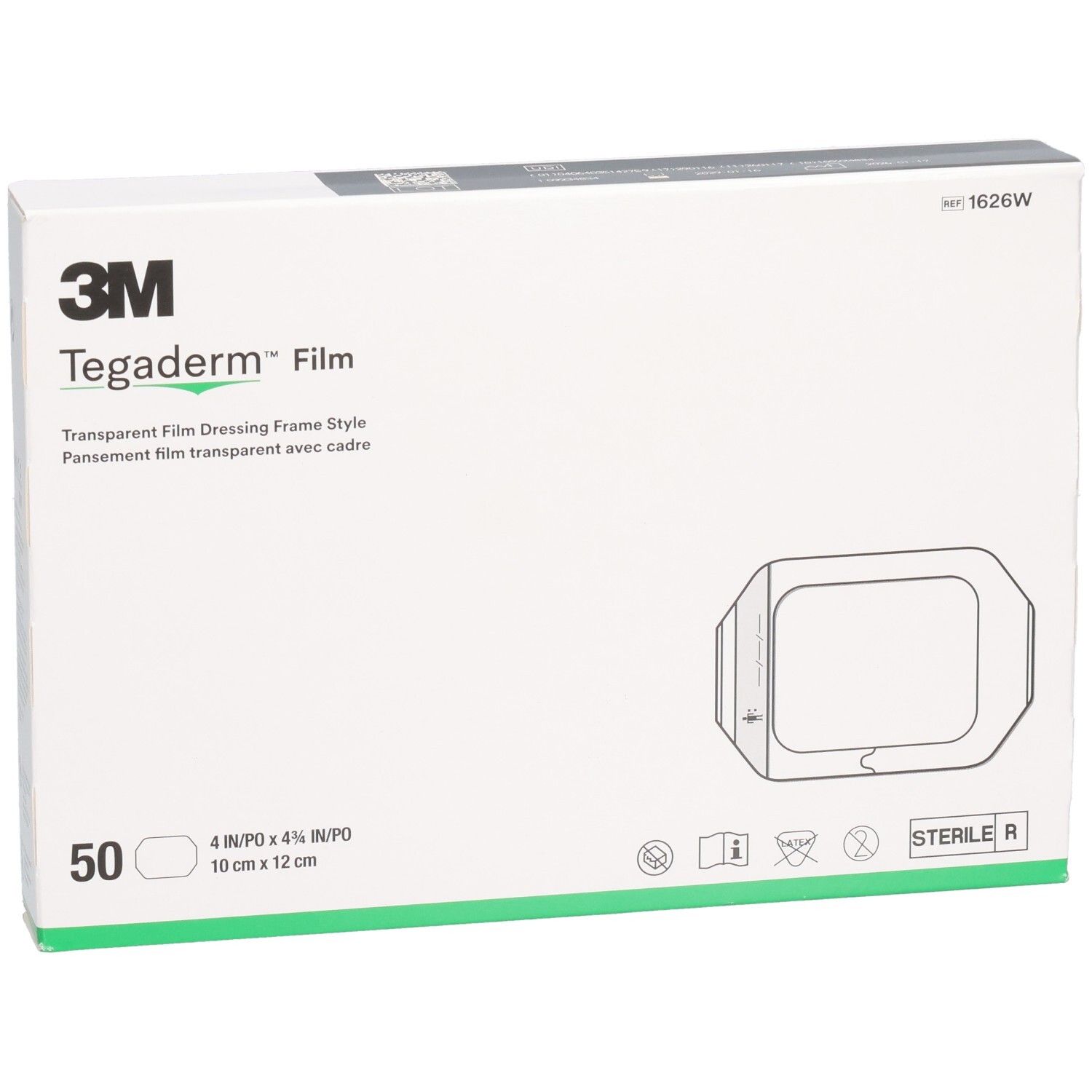 Verpackung von 3M Tegaderm Film. Enthält 50 Stück. Größe: 10 cm x 12 cm. Sterile Ausführung.