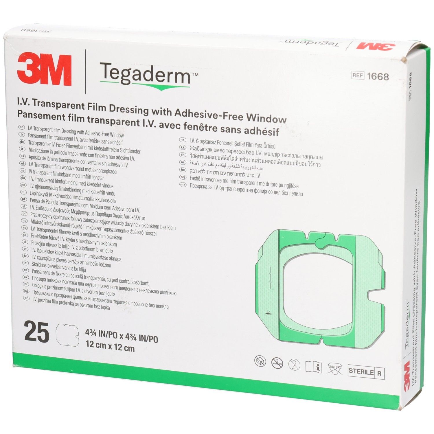 Verpackung von 3M Tegaderm Transparent IV-Filmverband. Enthält 25 Verbände, 12 x 12 cm. Sichtbar: Produktname, Marke, Größe, Steril-Kennzeichnung.