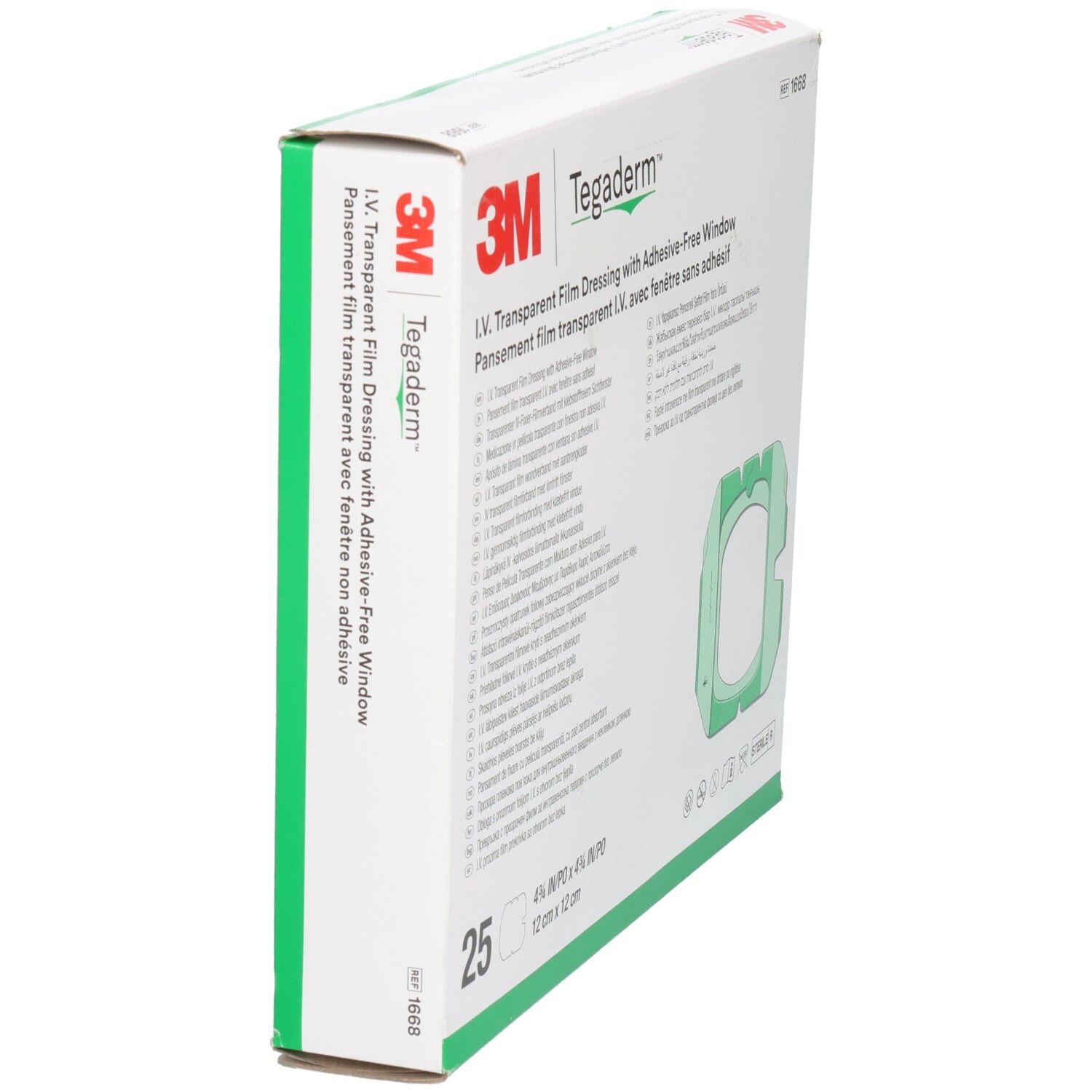 Seitenansicht der 3M Tegaderm Verpackung. Produktname und Marke sichtbar. Grüne Akzente. Enthält 25 Verbände. Ref. 1668.