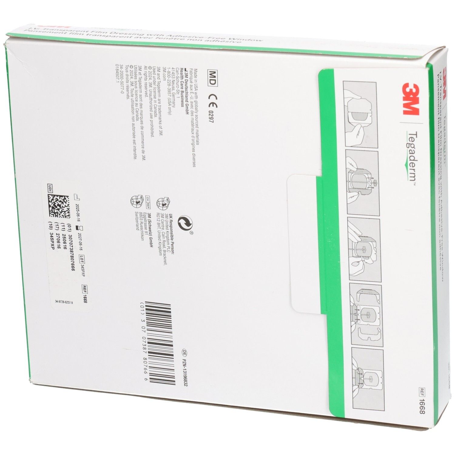 Rückseite der 3M Tegaderm Verpackung. Informationen und Piktogramme. Ref. 1668. CE-Kennzeichnung. Grüne Akzente.