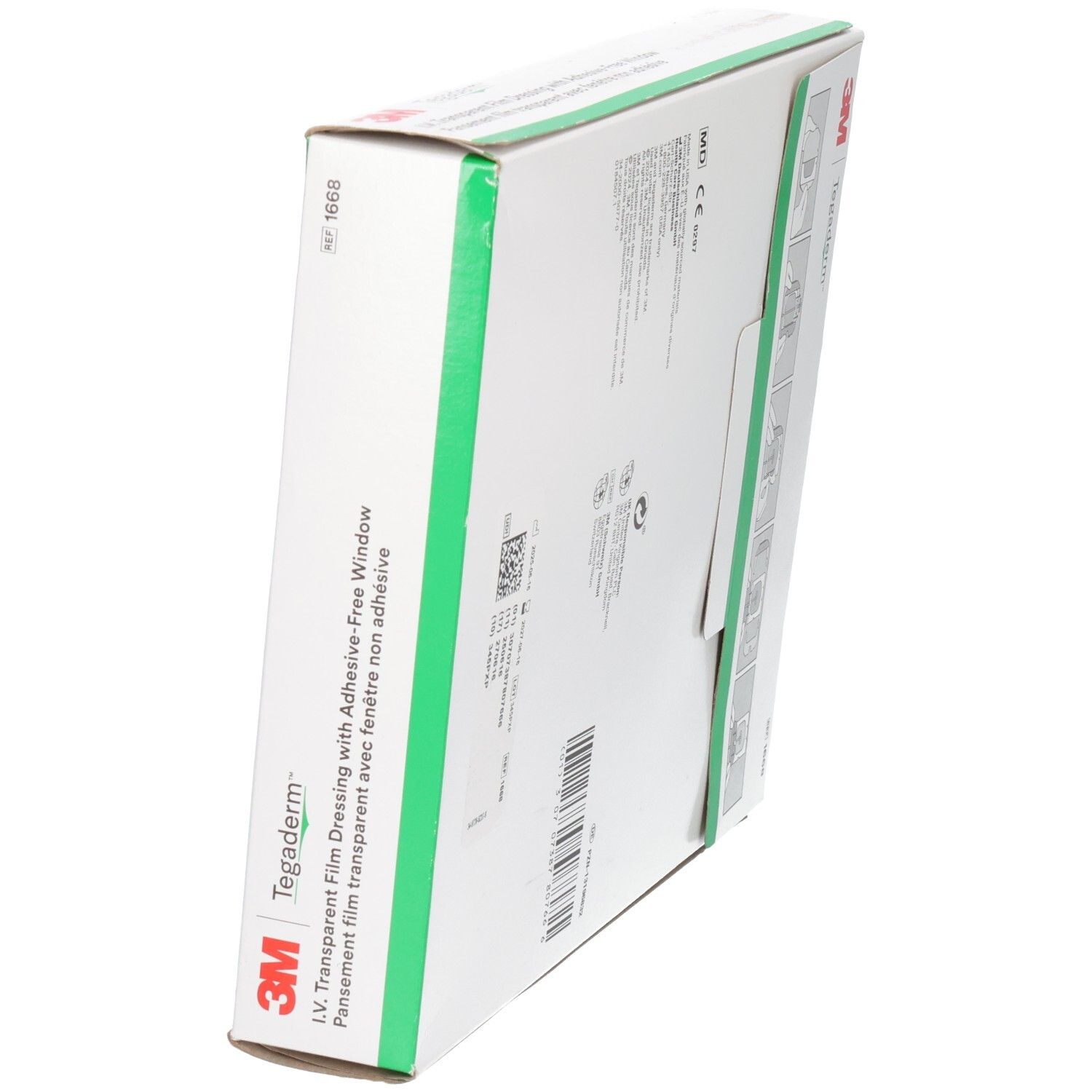 Seitenansicht der 3M Tegaderm Verpackung. Produktname und Marke sichtbar. Grüne Akzente. Ref. 1668.