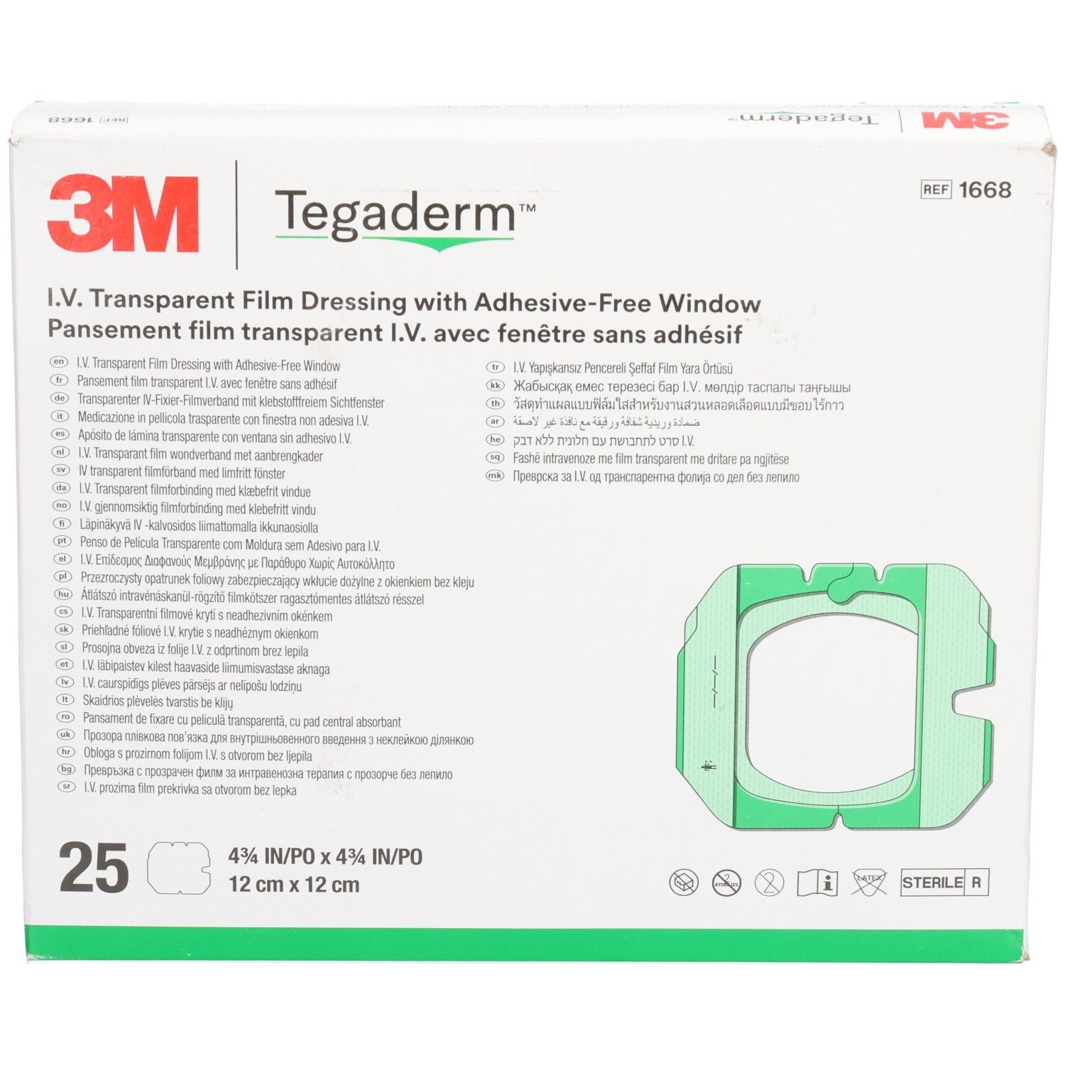 Vorderansicht der 3M Tegaderm Verpackung. Produktname, Marke, Größe und Anzahl der Verbände sichtbar. Steril-Kennzeichnung.