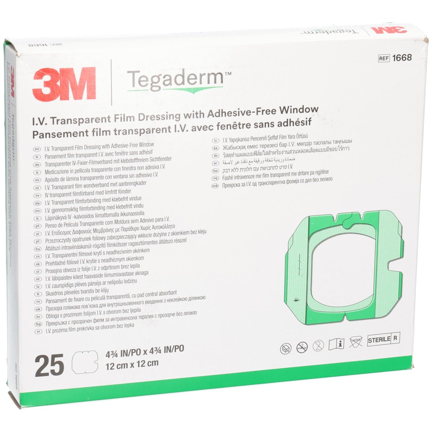 Vorderansicht der 3M Tegaderm Verpackung. Produktname, Marke, Größe und Anzahl der Verbände sichtbar. Steril-Kennzeichnung.
