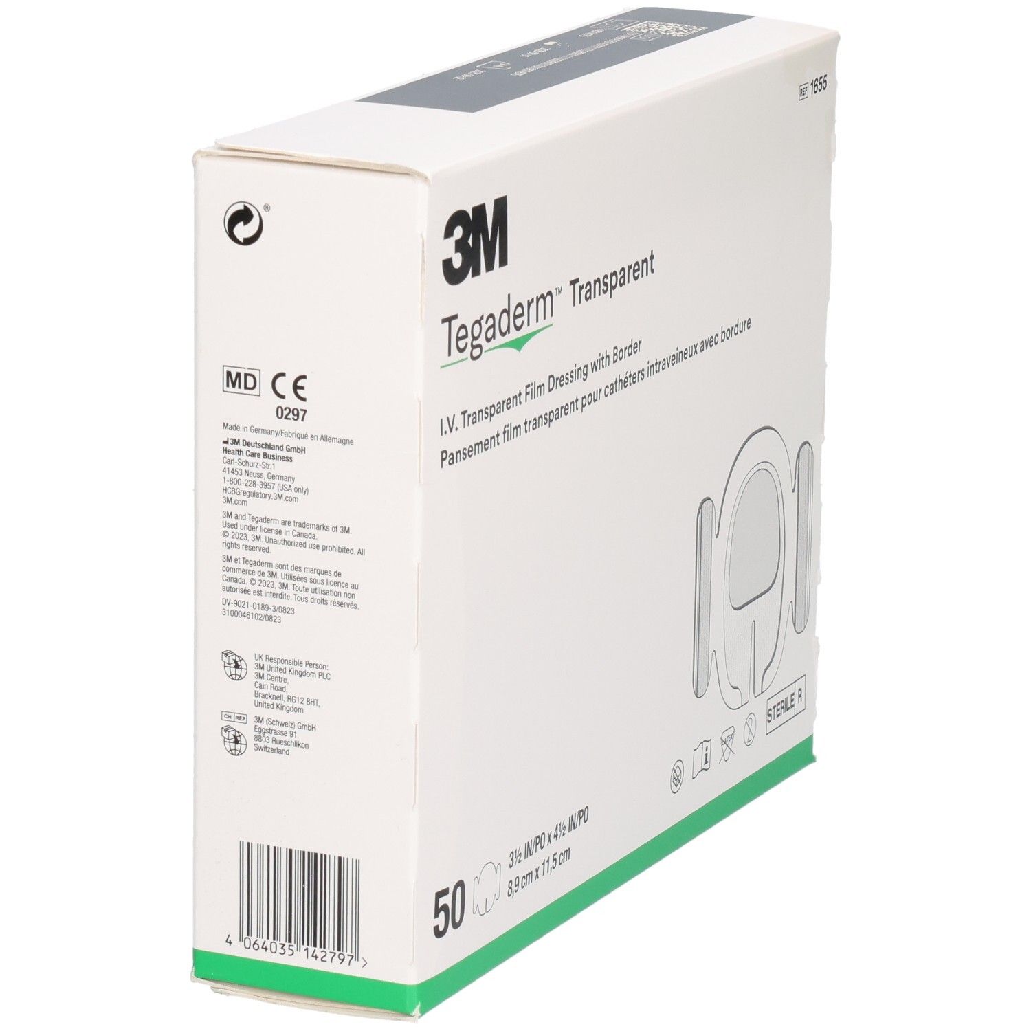 Verpackung von Tegaderm™ Transparent. 50 Stück, 8,9 x 11,5 cm. Mit 3M Logo. Medizinprodukt mit CE-Kennzeichnung.