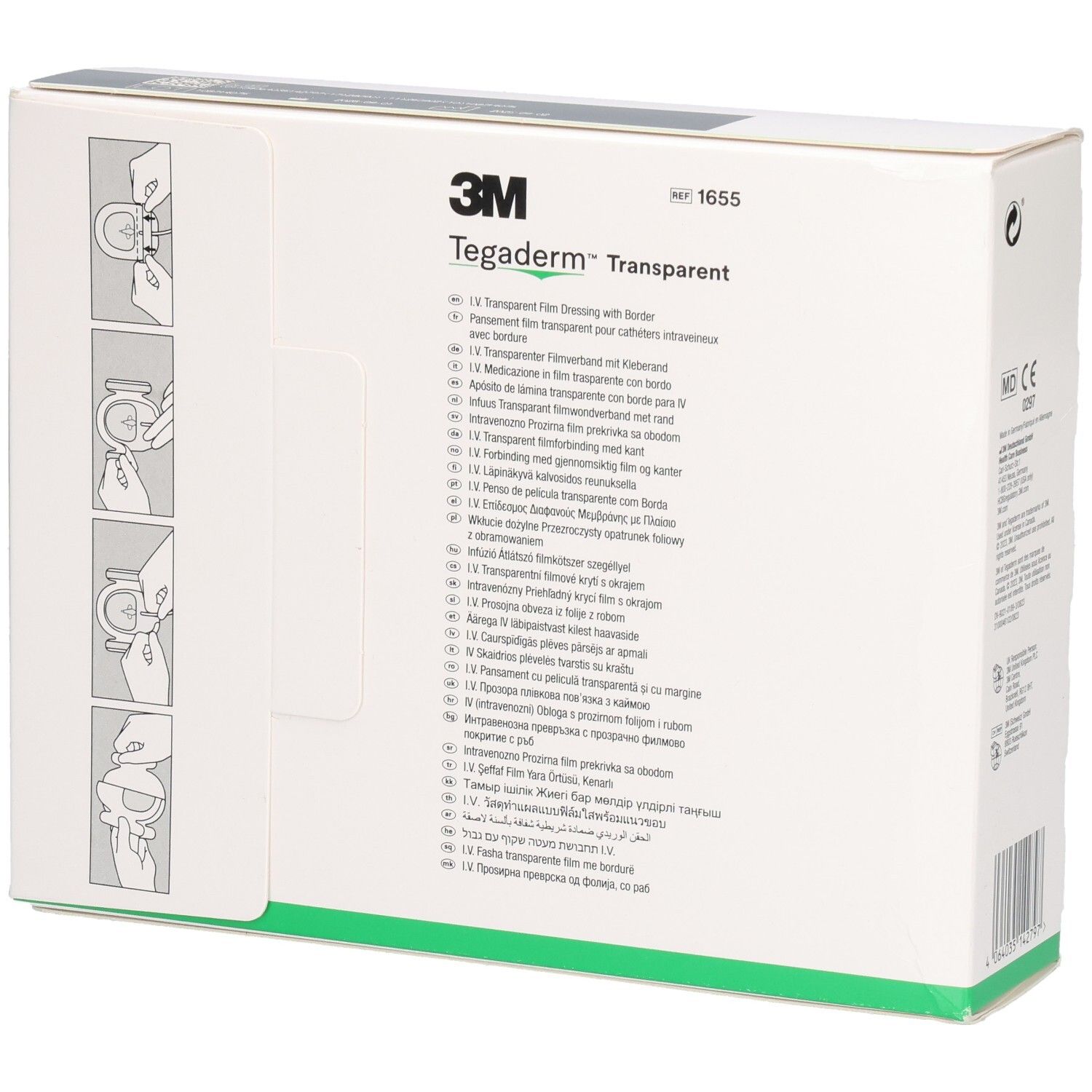 Rückseite der Tegaderm™ Transparent Verpackung. Mehrsprachige Produktinformationen und Anwendungshinweise.