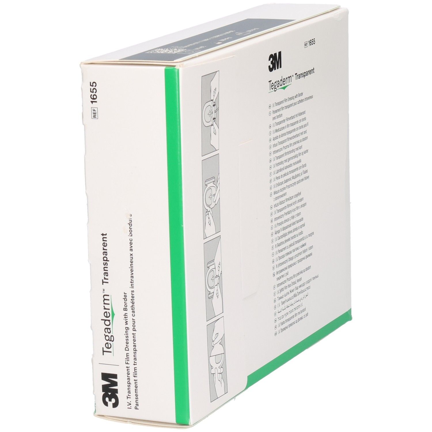 Seite der Tegaderm™ Transparent Verpackung. Produktname, Logo und grüne Akzente.