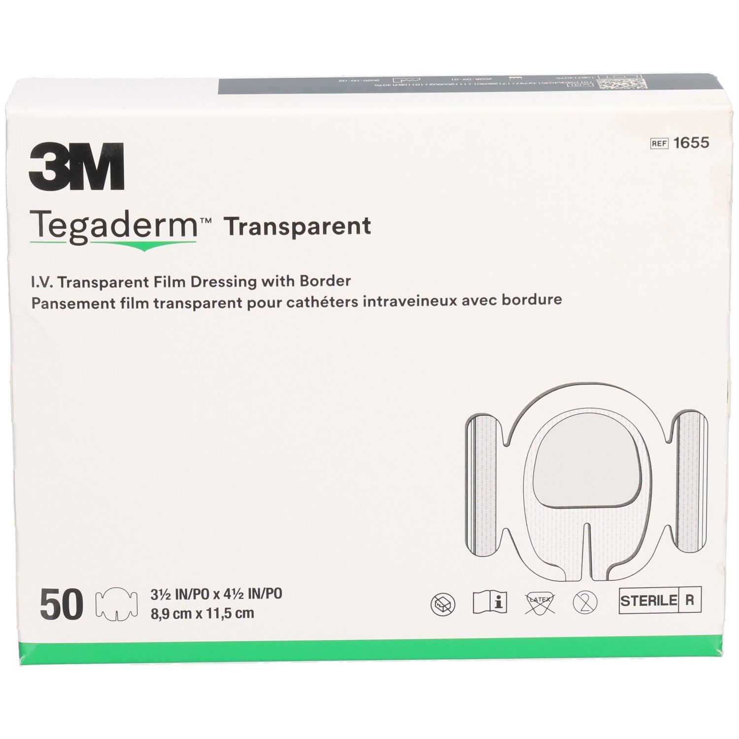 Verpackung von Tegaderm™ Transparent. 50 Stück, 8,9 x 11,5 cm. Mit 3M Logo. I.V. Transparent Film Dressing with Border.