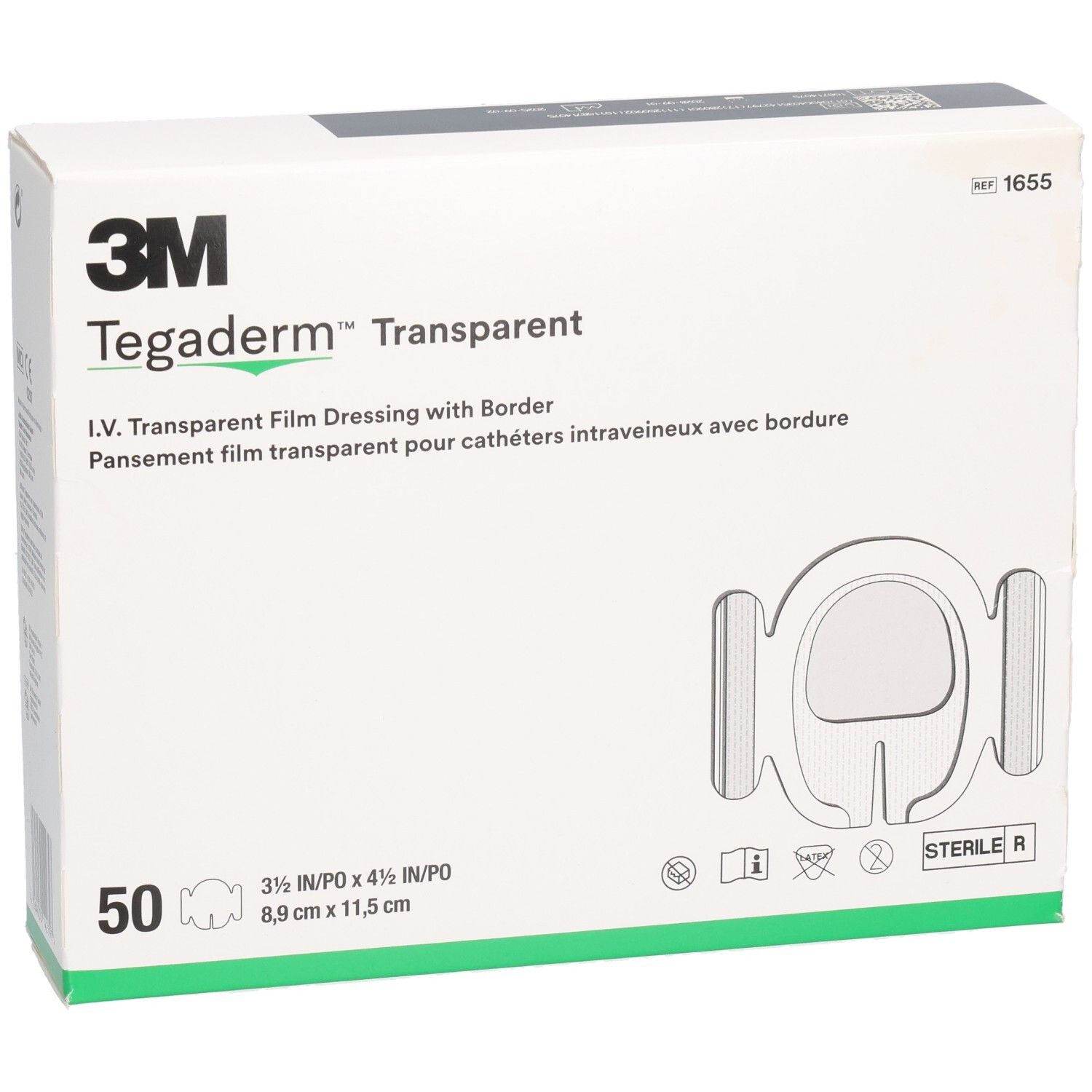 Verpackung von Tegaderm™ Transparent. 50 Stück, 8,9 x 11,5 cm. Mit 3M Logo. I.V. Transparent Film Dressing with Border.