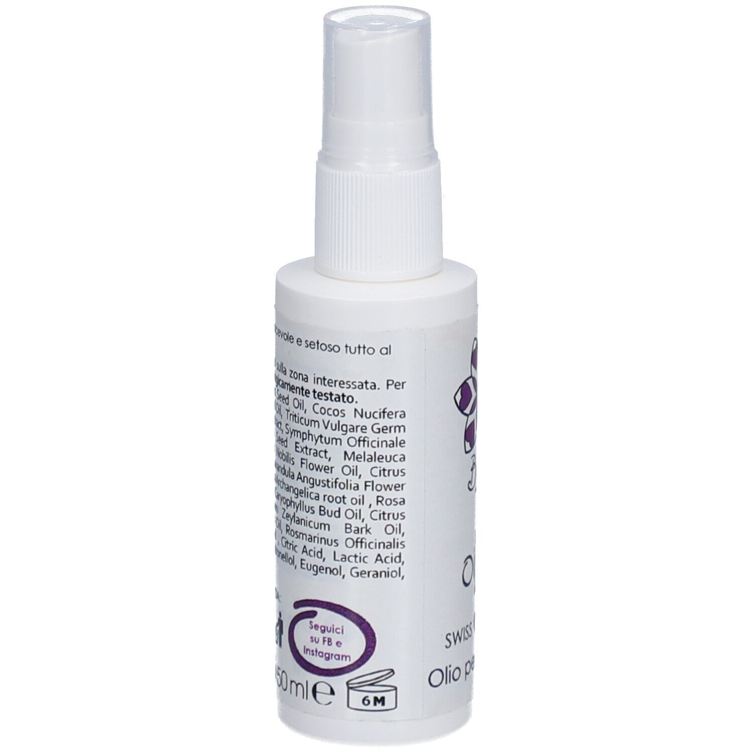 Weiße Sprühflasche mit Inhaltsstoffliste und Text. Logo "BLOOM oil" und "SWISS MADE" sind sichtbar.