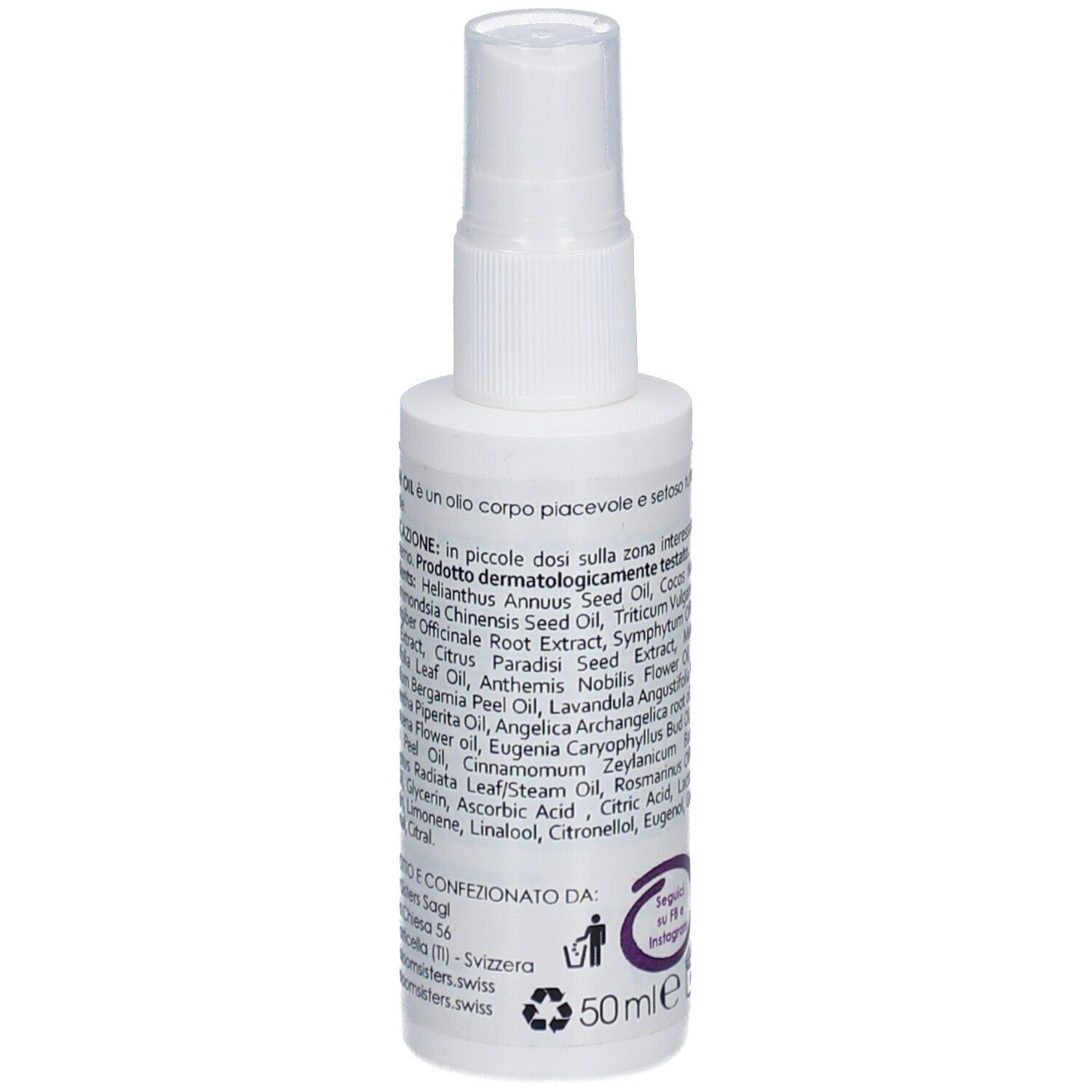 Weiße Sprühflasche mit Inhaltsstoffliste und Text. Logo "BLOOM oil" und "SWISS MADE" sind sichtbar.