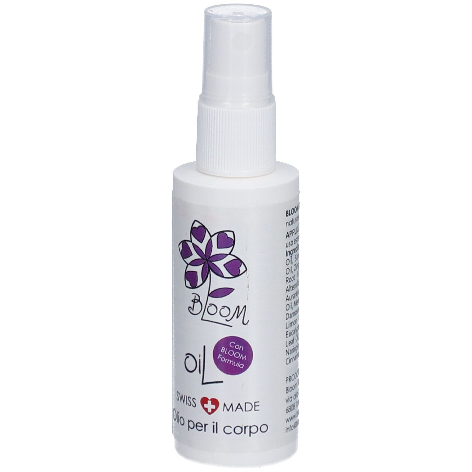 Weiße Sprühflasche mit lila Blütenlogo und Schriftzug "BLOOM oil". "SWISS MADE" und "Olio per il corpo" darunter.