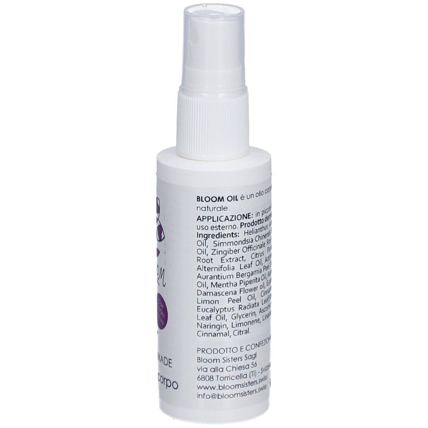 Weiße Sprühflasche mit Text und Inhaltsstoffen. Logo "BLOOM oil" und "SWISS MADE" sind sichtbar.