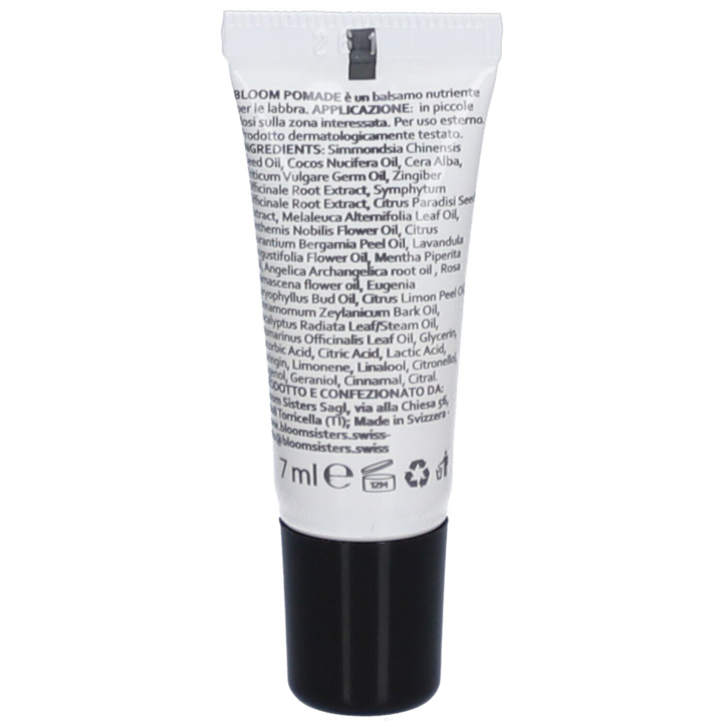 Rückseite der Tube. Text mit Inhaltsstoffen und Herstellerinformationen. Volumen: 7 ml.