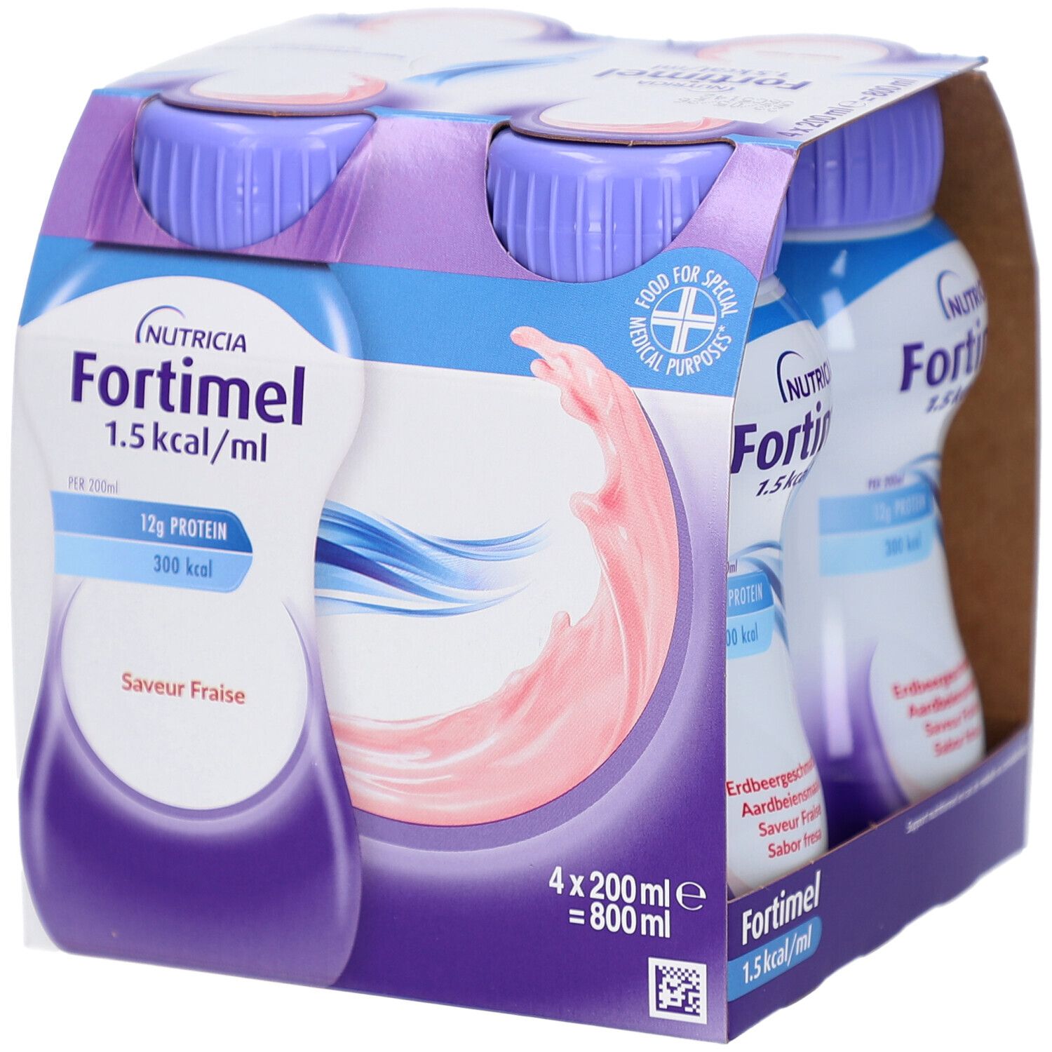 Packung mit vier Flaschen Fortimel Energy fraise. Jede Flasche hat einen lila Deckel und ein weißes Etikett mit Produktinformationen.