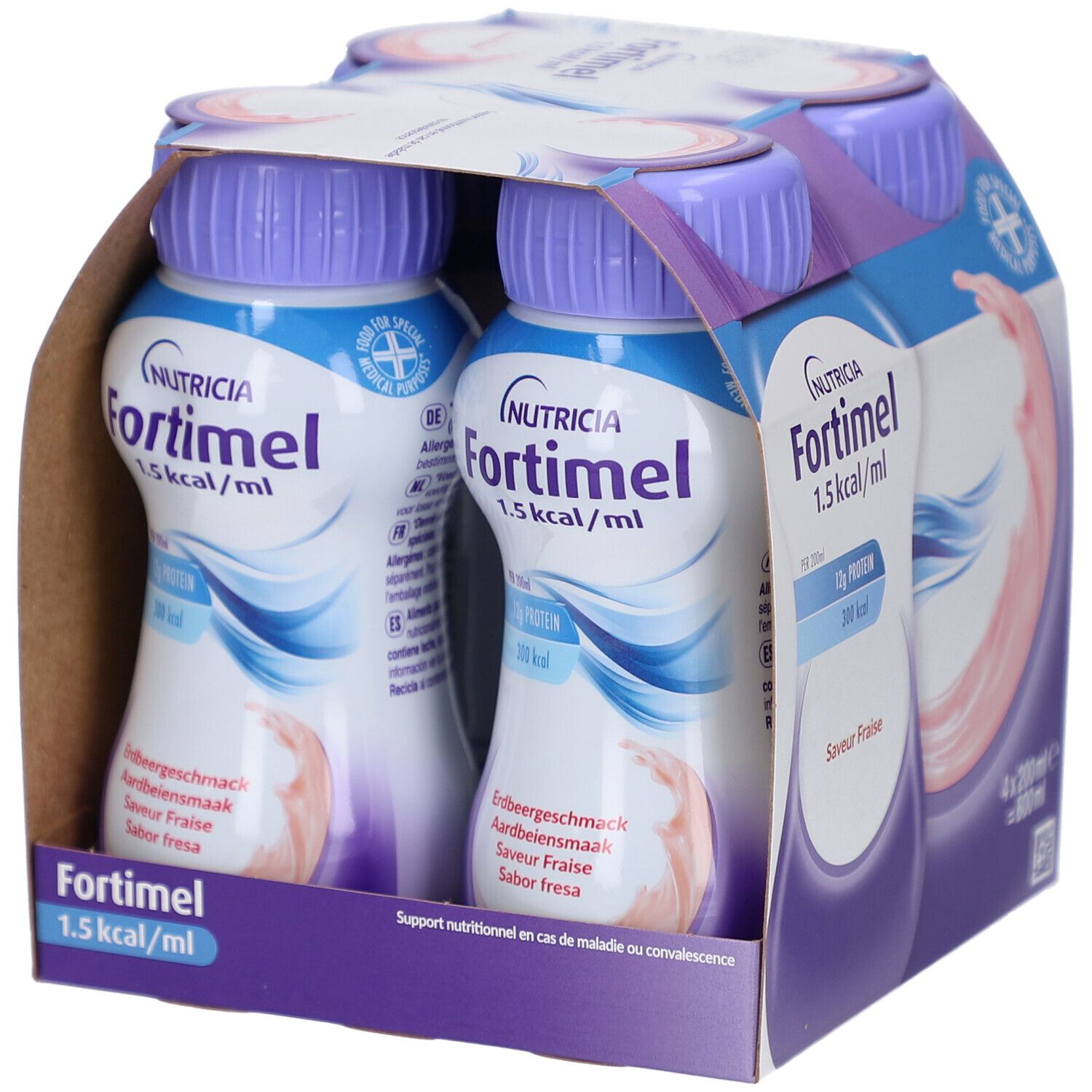 Packung mit vier Flaschen Fortimel Energy fraise. Die Flaschen haben lila Deckel und weiße Etiketten mit Produktinformationen.