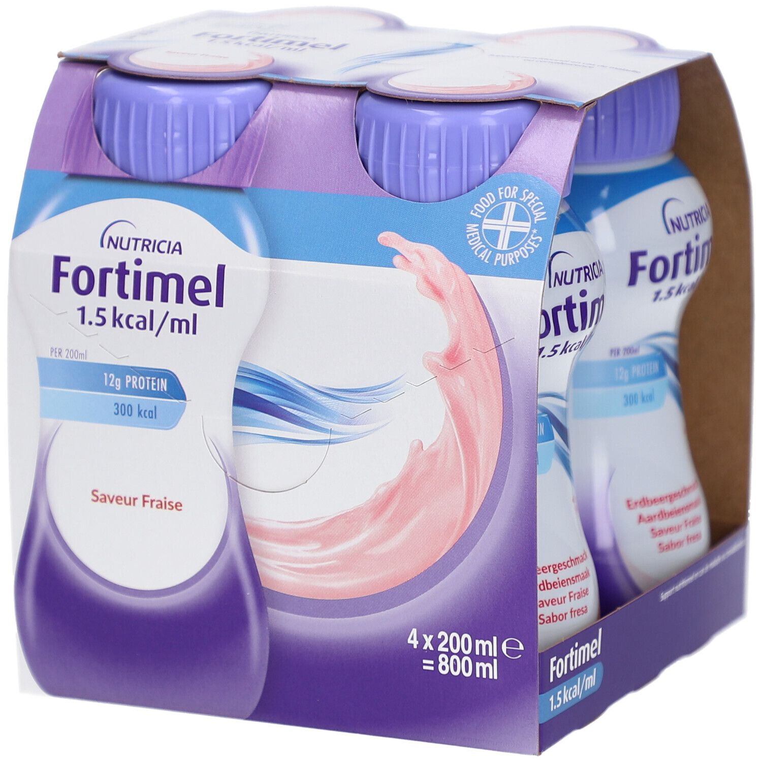 Packung mit vier Flaschen Fortimel Energy fraise. Jede Flasche hat einen lila Deckel und ein weißes Etikett mit Produktinformationen.