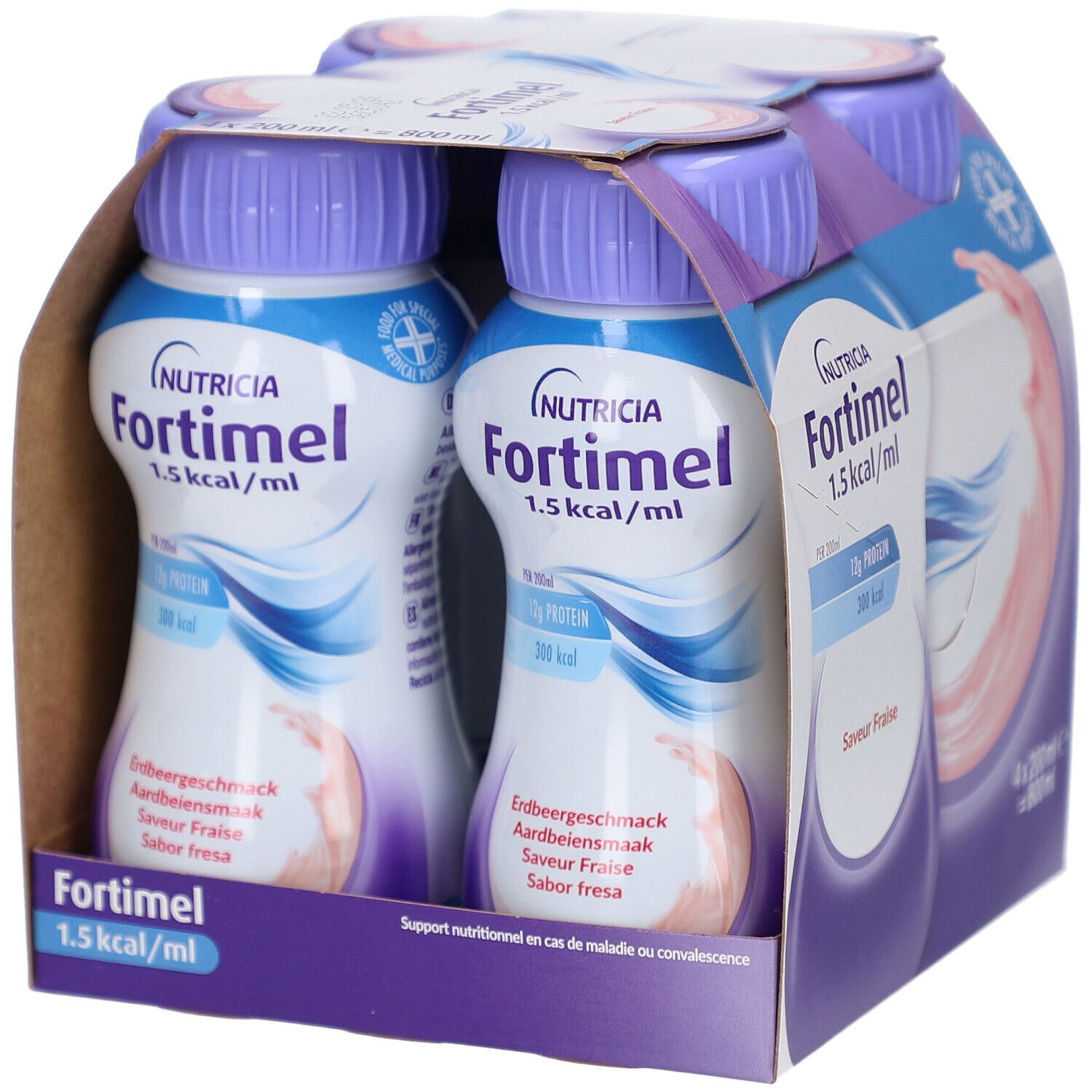 Packung mit vier Flaschen Fortimel Energy fraise. Die Flaschen haben lila Deckel und weiße Etiketten mit Produktinformationen.