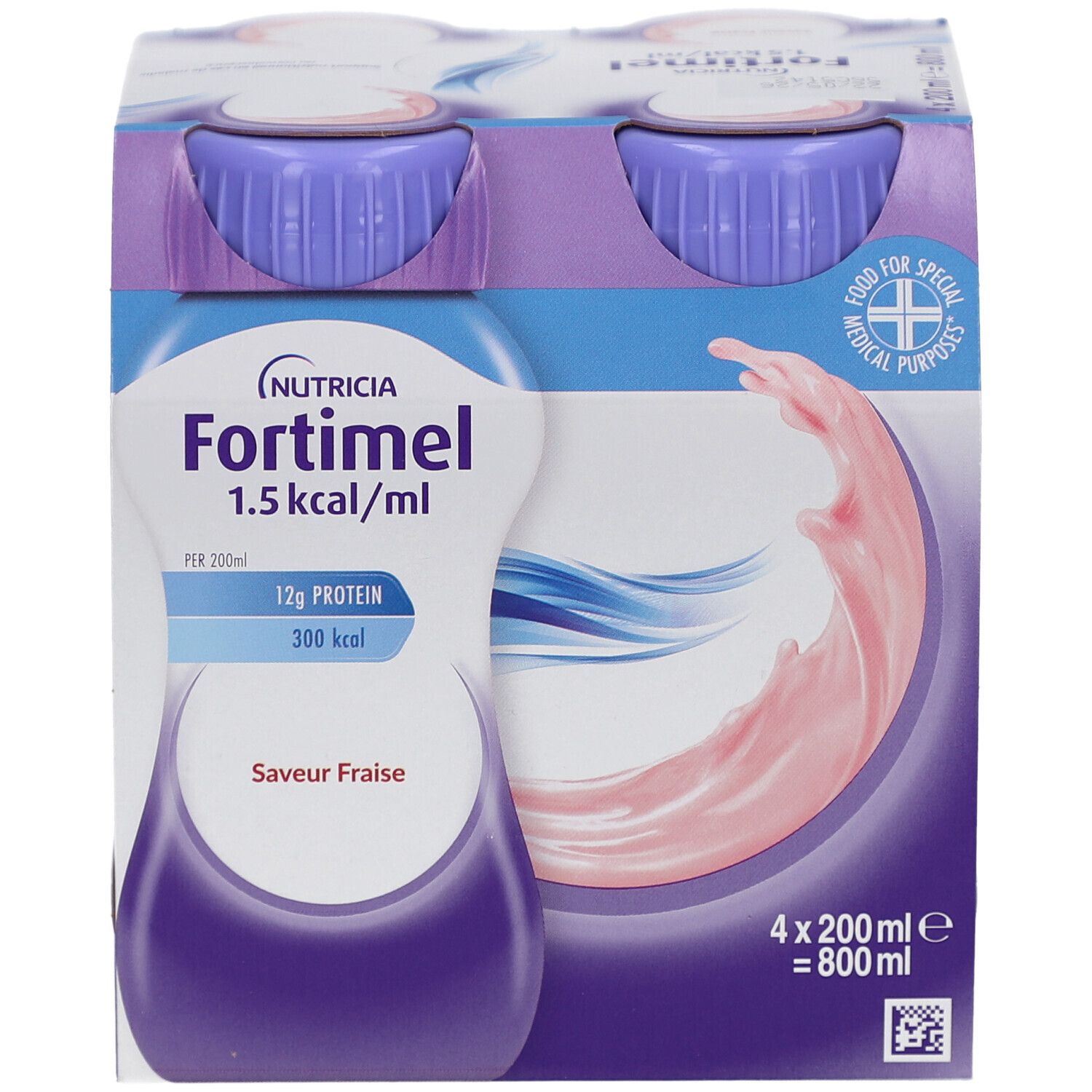 Packung mit vier Flaschen Fortimel Energy fraise. Jede Flasche hat einen lila Deckel und ein weißes Etikett mit Produktinformationen.