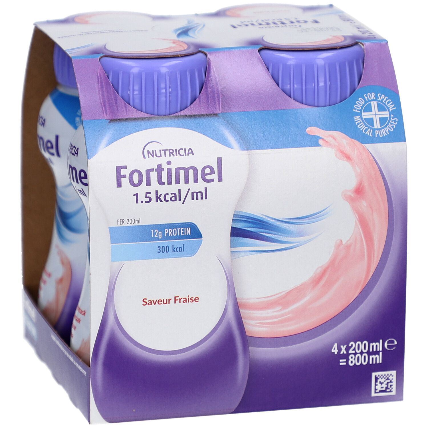 Packung mit vier Flaschen Fortimel Energy fraise. Jede Flasche hat einen lila Deckel und ein weißes Etikett mit Produktinformationen.