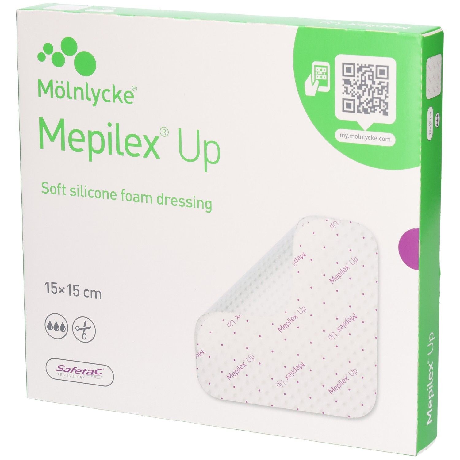 Pansement Mölnlycke Mepilex Up: Pansement en mousse de silicone souple, 15x15 cm.