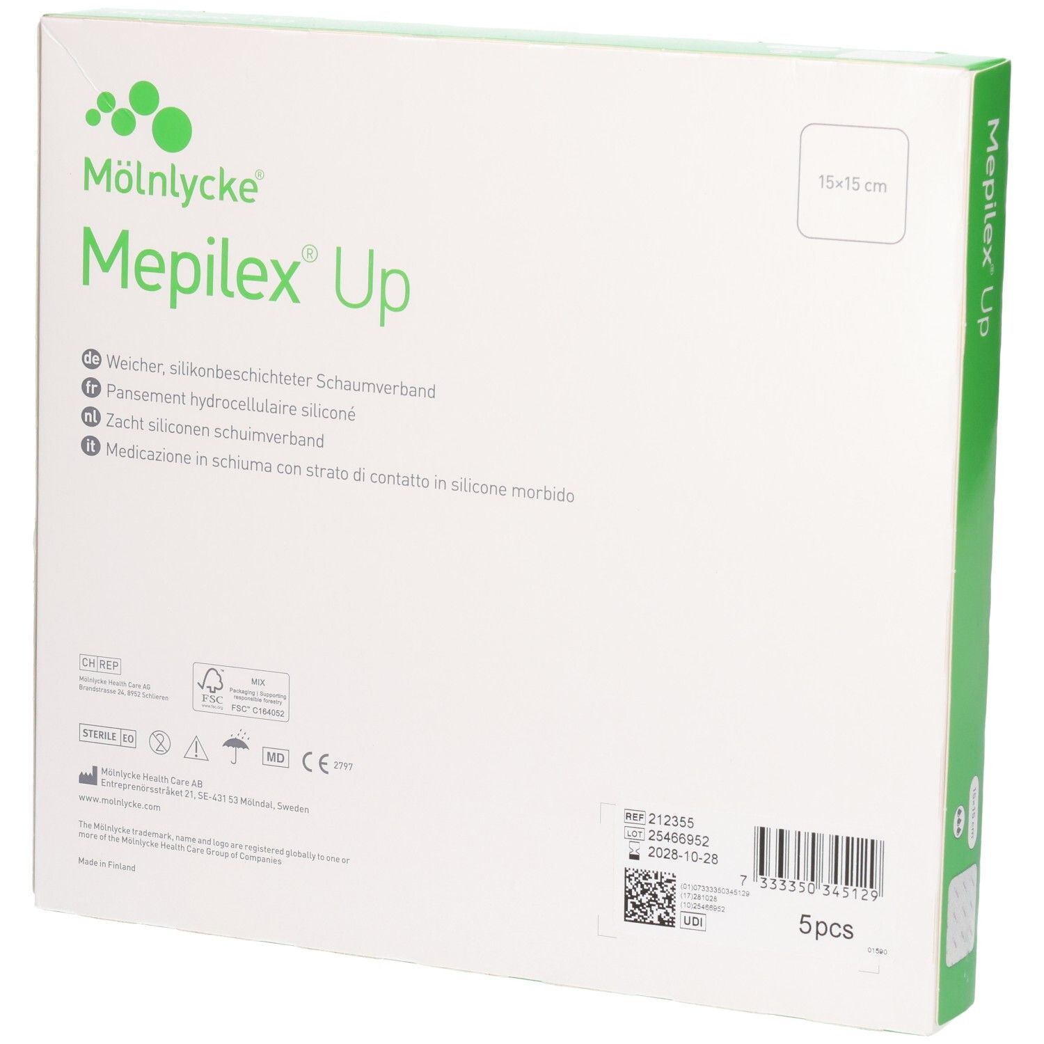 Arrière de l'emballage: Pansement Mölnlycke Mepilex Up, mousse de silicone souple.