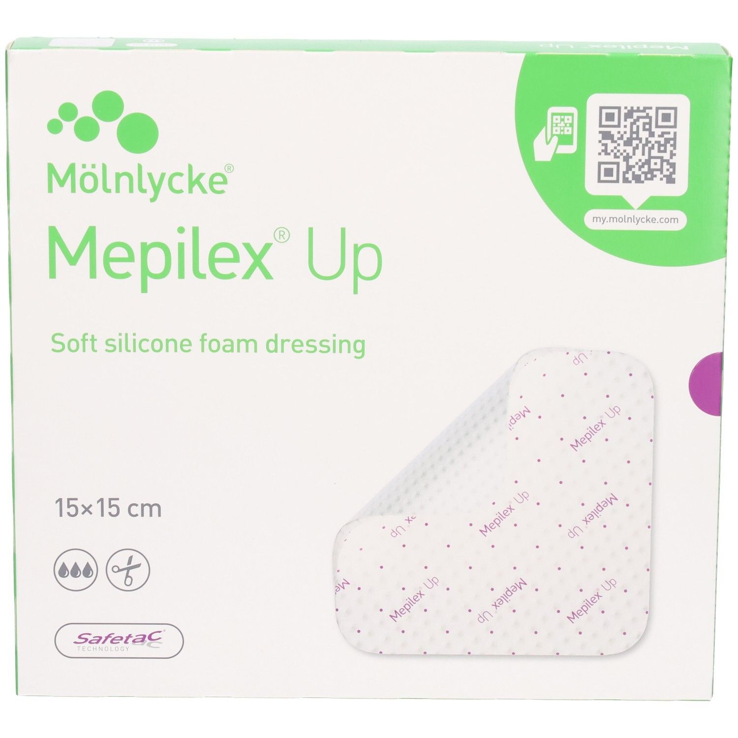 Pansement Mölnlycke Mepilex Up: Pansement en mousse de silicone souple, 15x15 cm.