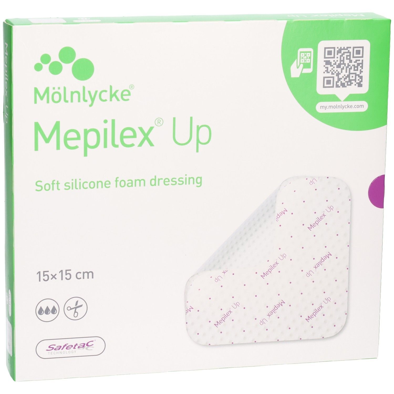 Pansement Mölnlycke Mepilex Up: Pansement en mousse de silicone souple, 15x15 cm.