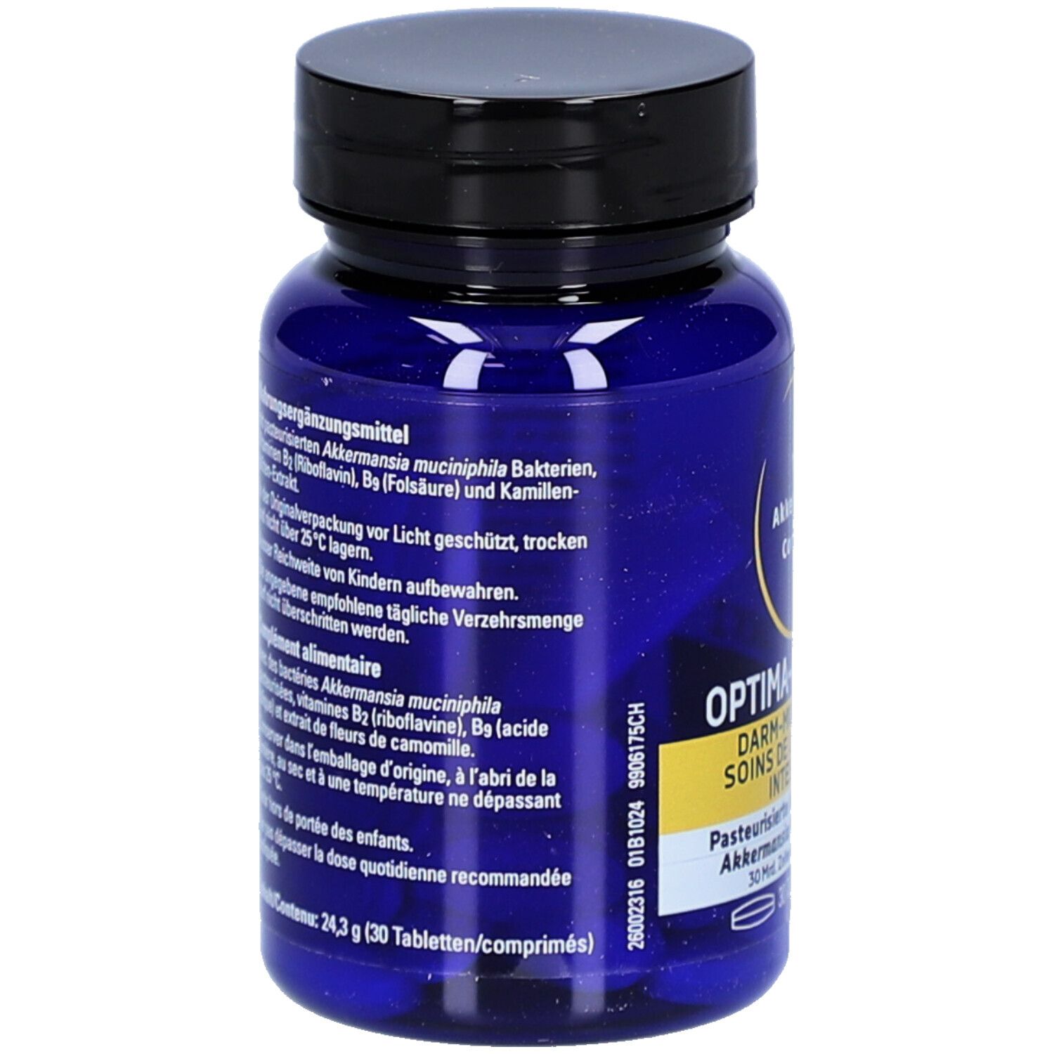 Rückseite der blauen Flasche. Text in Deutsch und Französisch. Enthält 30 Tabletten. Schwarzer Deckel.