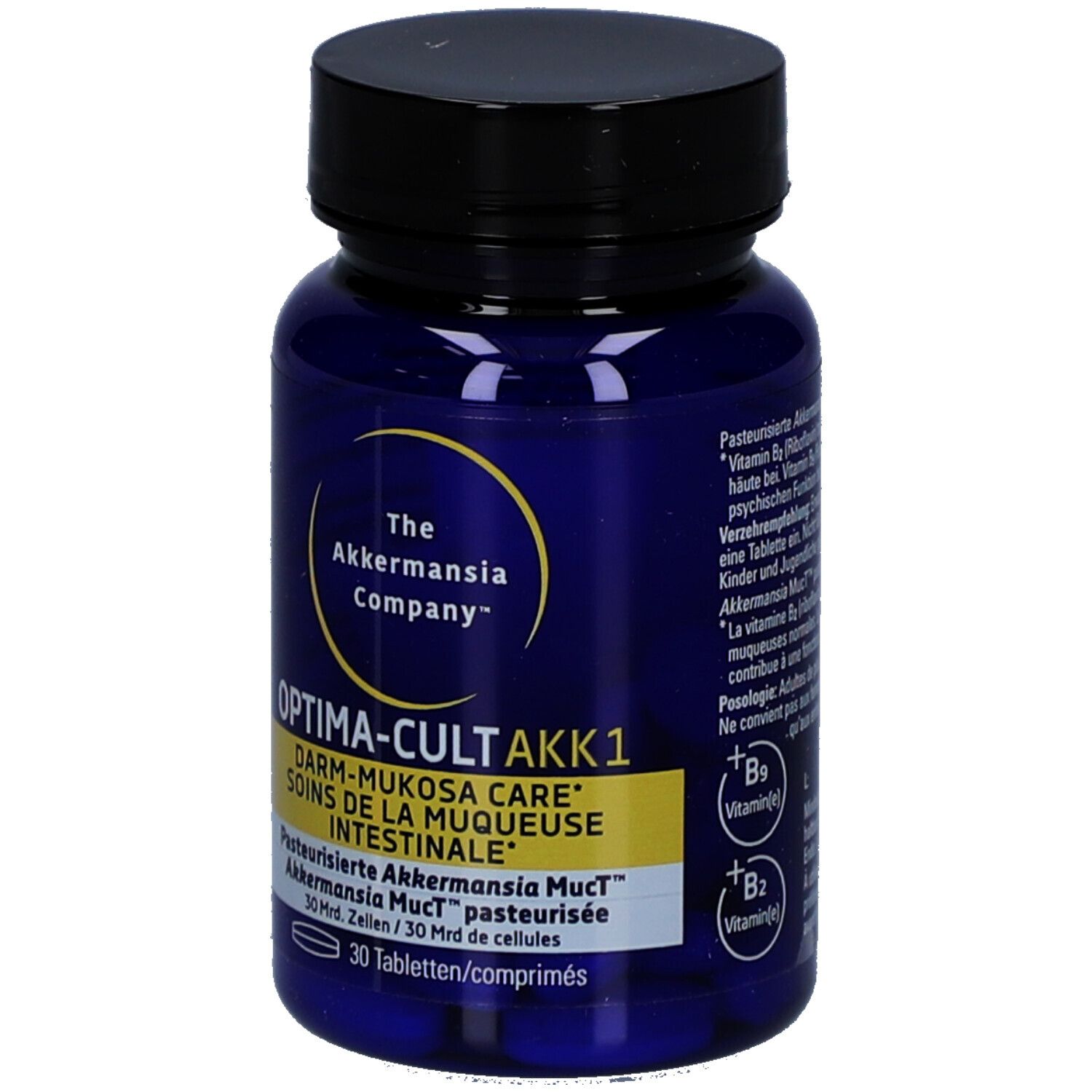 Blaue Flasche mit schwarzen Deckel. Aufschrift: OPTIMA-CULT AKK1, Darm-Mukosa Care. 30 Tabletten.