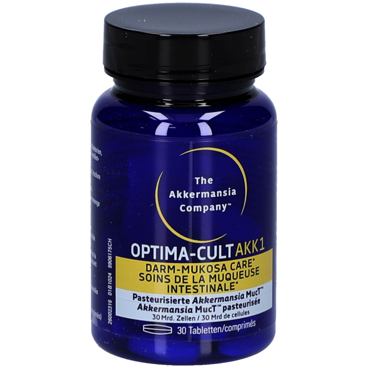 Blaue Flasche mit schwarzen Deckel. Aufschrift: OPTIMA-CULT AKK1, Darm-Mukosa Care. 30 Tabletten.