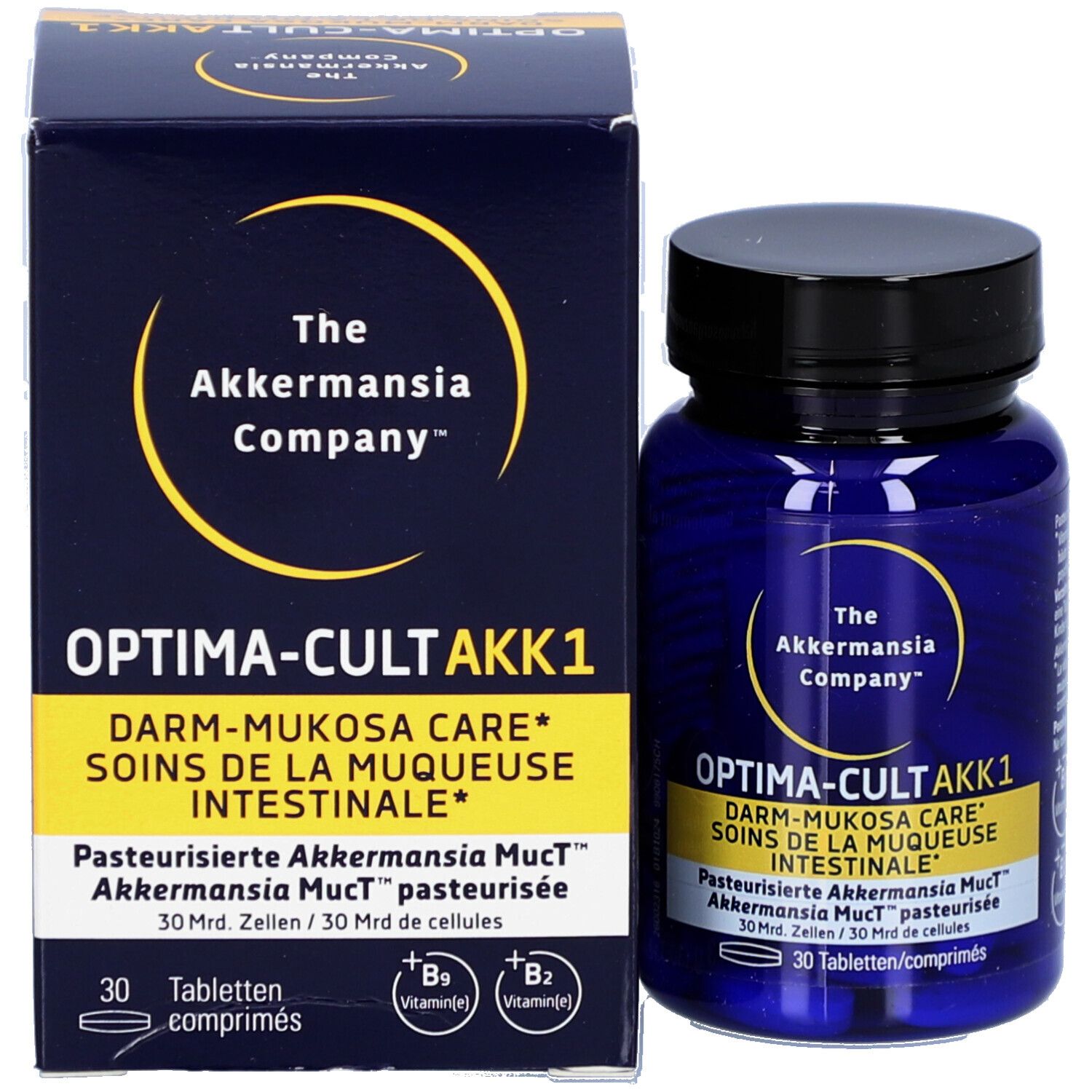 Produkt und Verpackung. Blaue Flasche und Schachtel. Aufschrift: OPTIMA-CULT AKK1, 30 Tabletten.