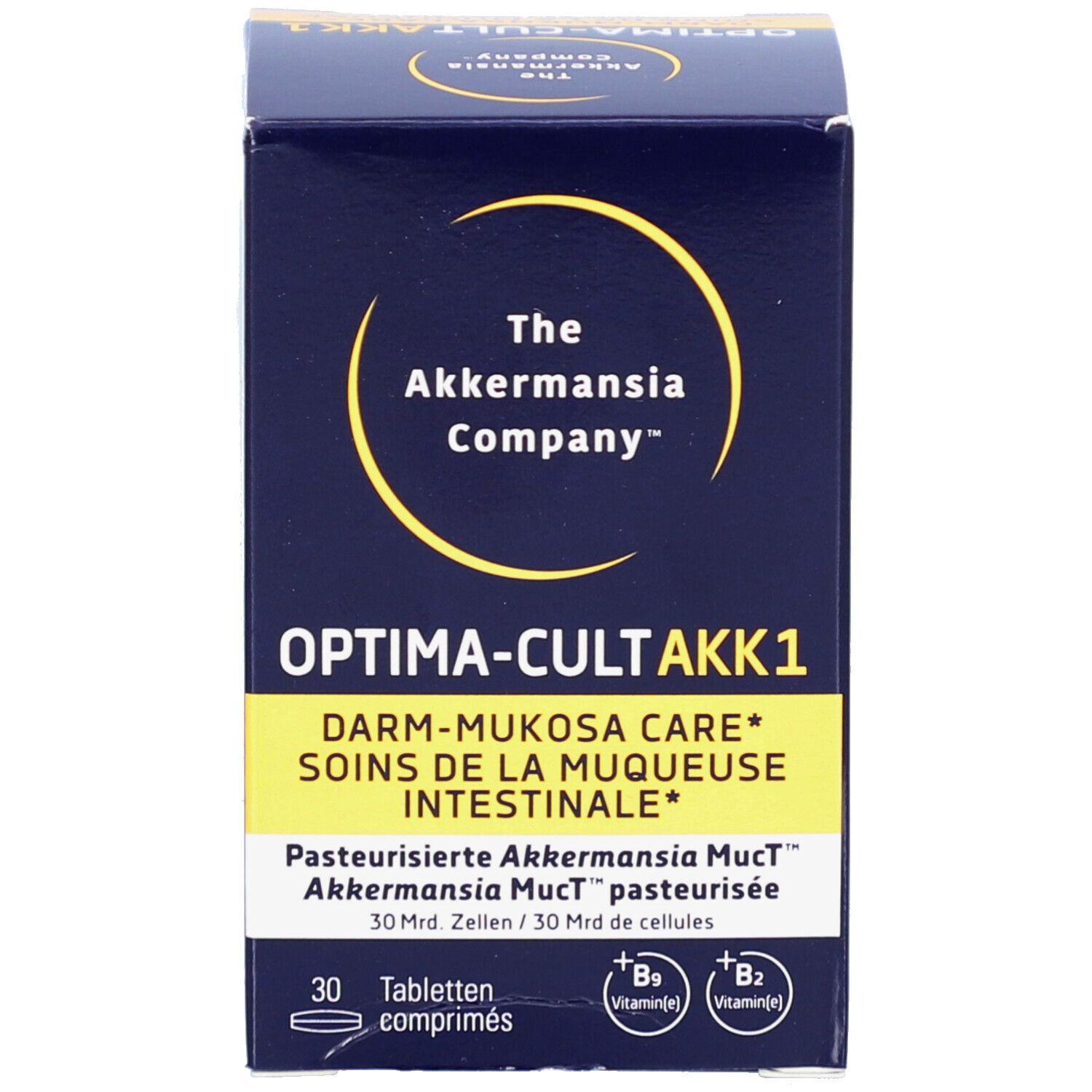 Verpackung. Blaue Schachtel. Aufschrift: OPTIMA-CULT AKK1, Darm-Mukosa Care. 30 Tabletten.
