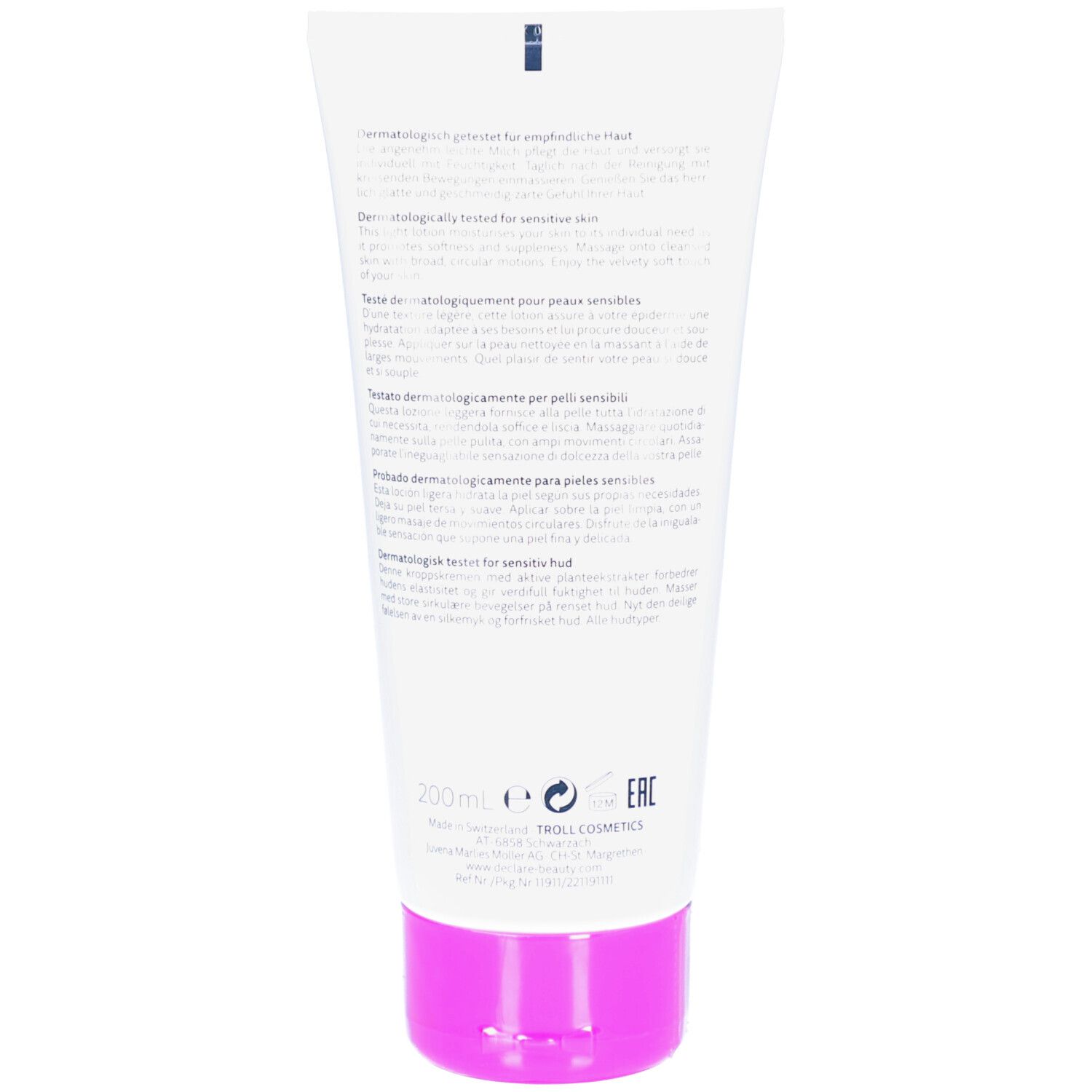 Dos du tube. Texte en plusieurs langues. Ingrédients, informations fabricant, certifications.