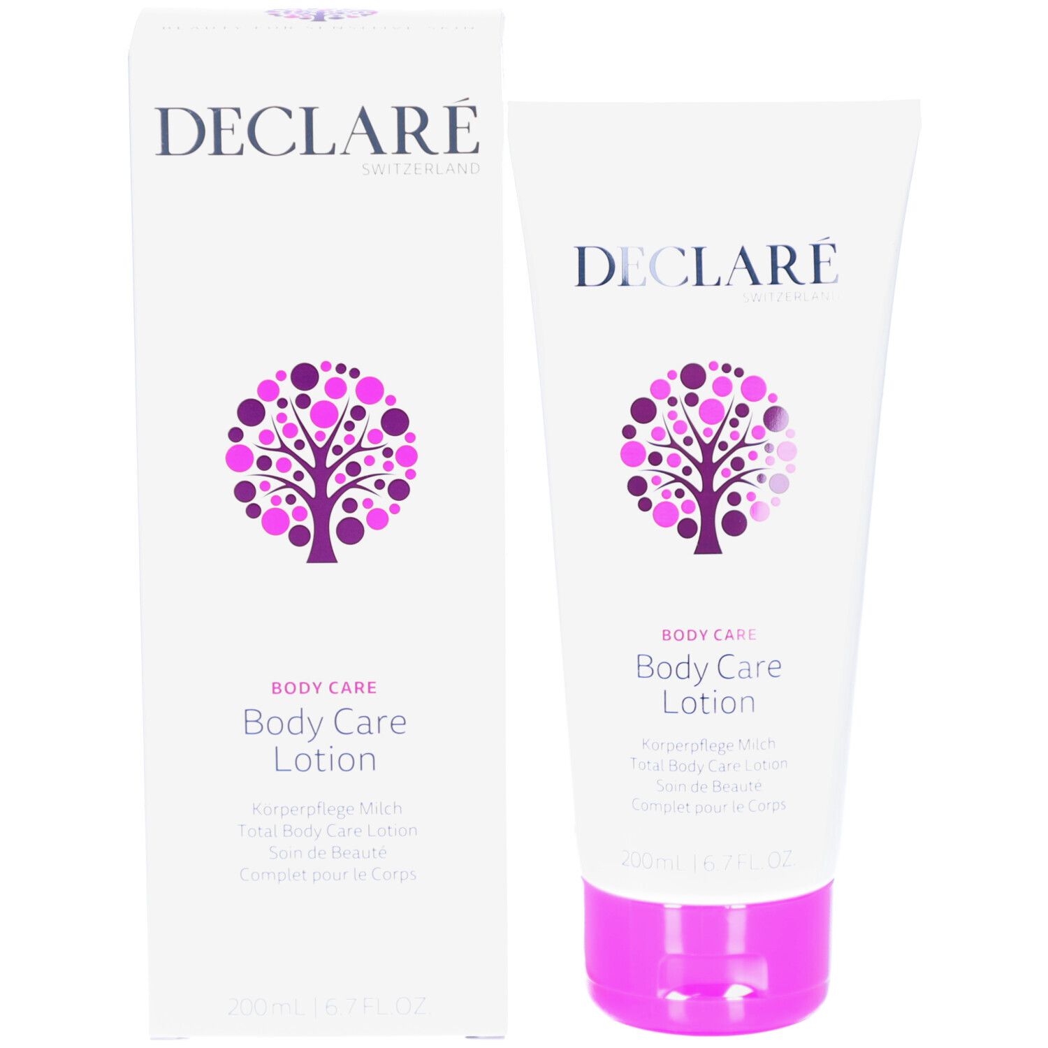 Produit et emballage. Tube blanc et boîte. Logo DECLARÉ et nom du produit Body Care Lotion.