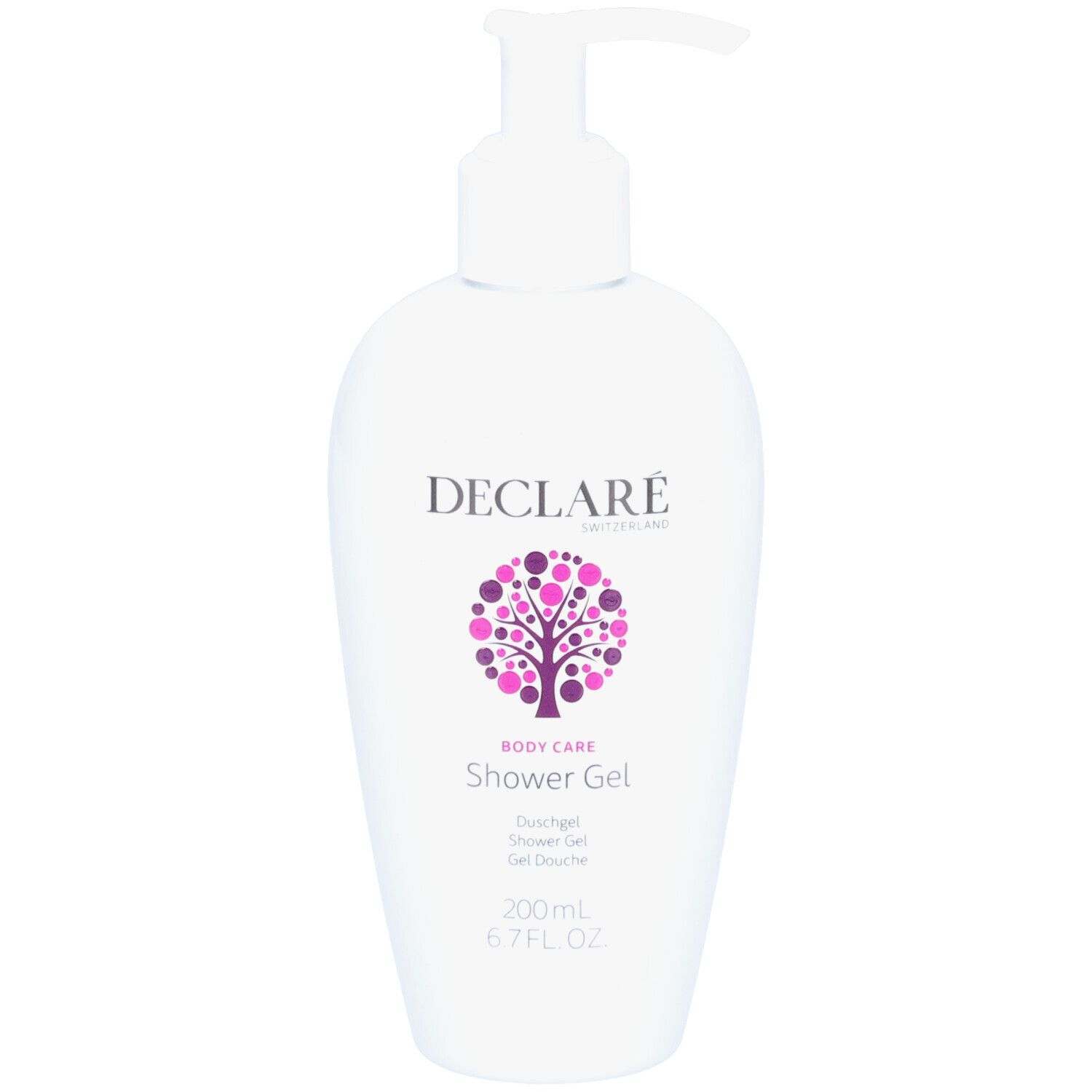 Flacon blanc avec pompe. Logo DECLARÉ et nom du produit. Design arbre violet. Texte: Shower Gel, 200ml, 6.7 FL. OZ.