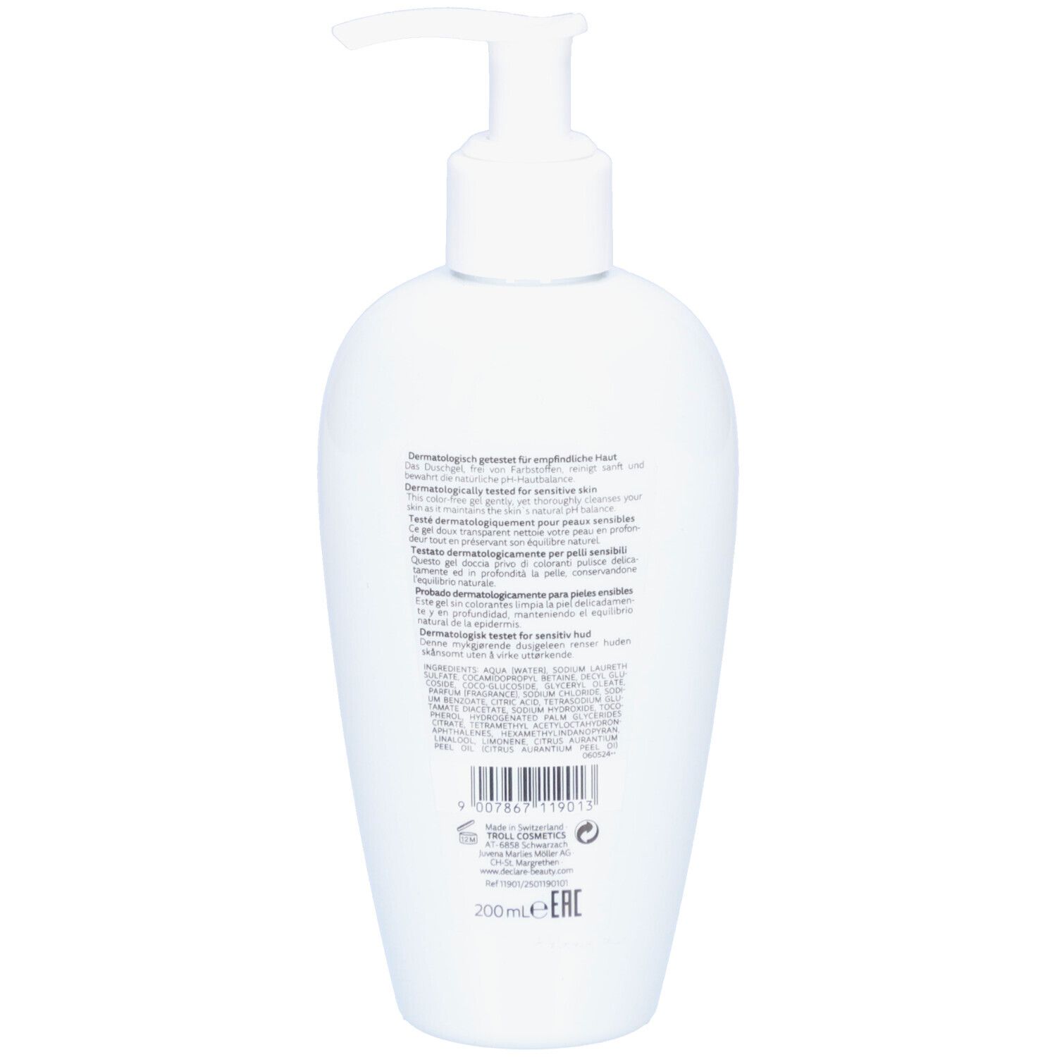 Dos d'un flacon blanc avec pompe. Texte multilingue. Informations sur les ingrédients et le fabricant. 200ml.