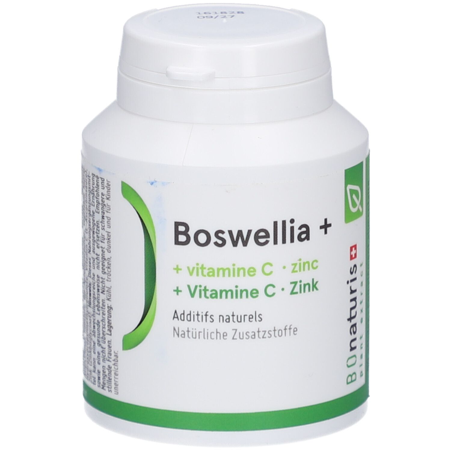 Weiße Flasche mit grünem Etikett. Aufschrift: Boswellia +, Vitamin C, Zink. Marke: BOnaturis.