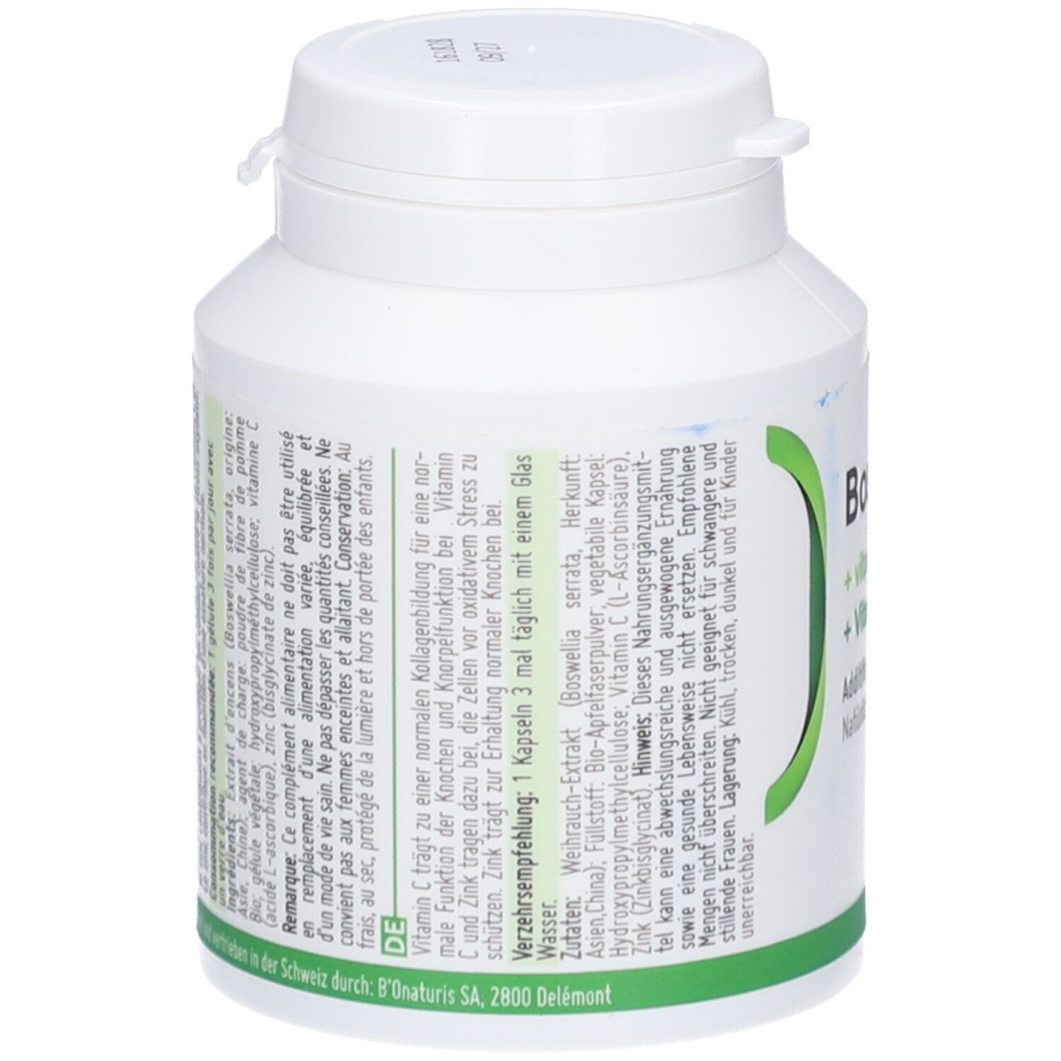 Weiße Flasche mit grünem Etikett. Text auf Deutsch. Marke: BOnaturis. Schweizer Kreuz.
