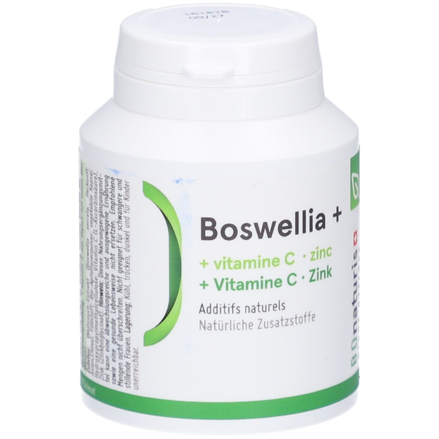 Weiße Flasche mit grünem Etikett. Aufschrift: Boswellia +, Vitamin C, Zink. Marke: BOnaturis.