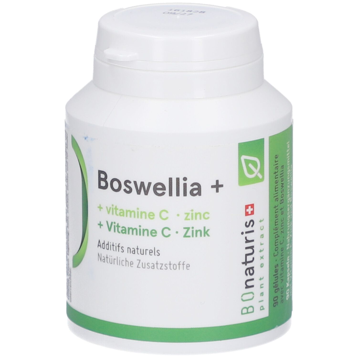 Weiße Flasche mit grünem Etikett. Aufschrift: Boswellia +, Vitamin C, Zink. 90 Kapseln. Marke: BOnaturis.