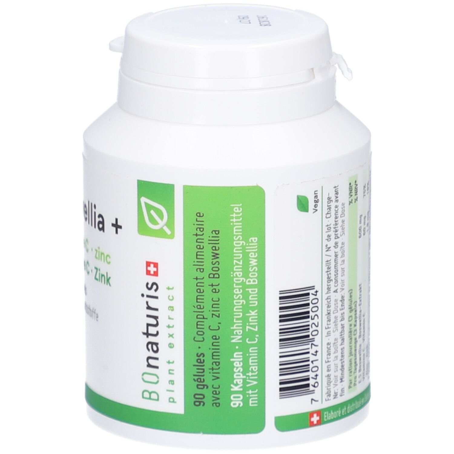 Weiße Flasche mit grünem Etikett. 90 Kapseln. Aufschrift: Vitamin C, Zink und Boswellia. Vegan-Logo. Schweizer Kreuz.