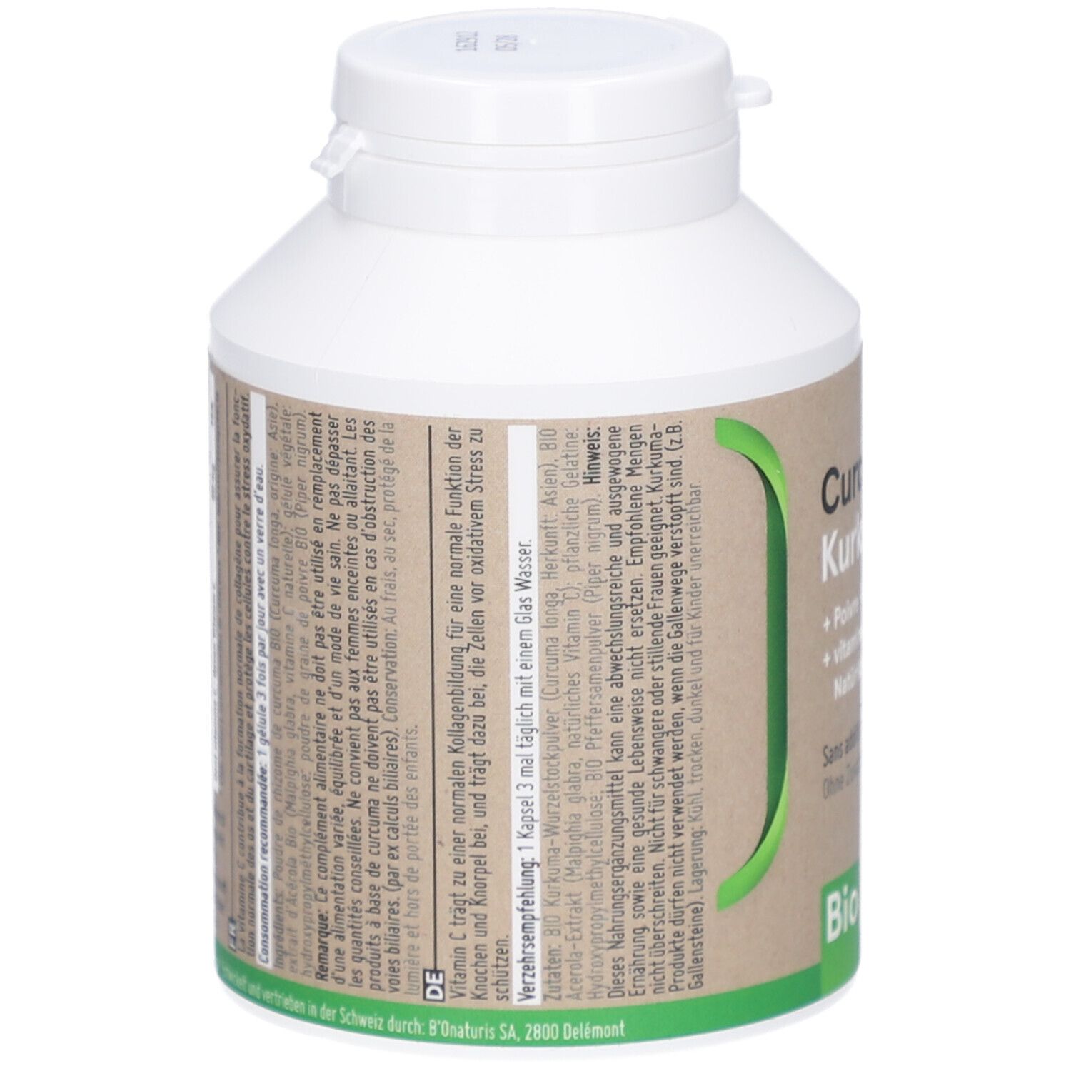 Rückseite einer weißen Flasche mit Schraubverschluss. Grün-braunes Etikett mit Text. Schweizer Kreuz und B'onaturis Logo.