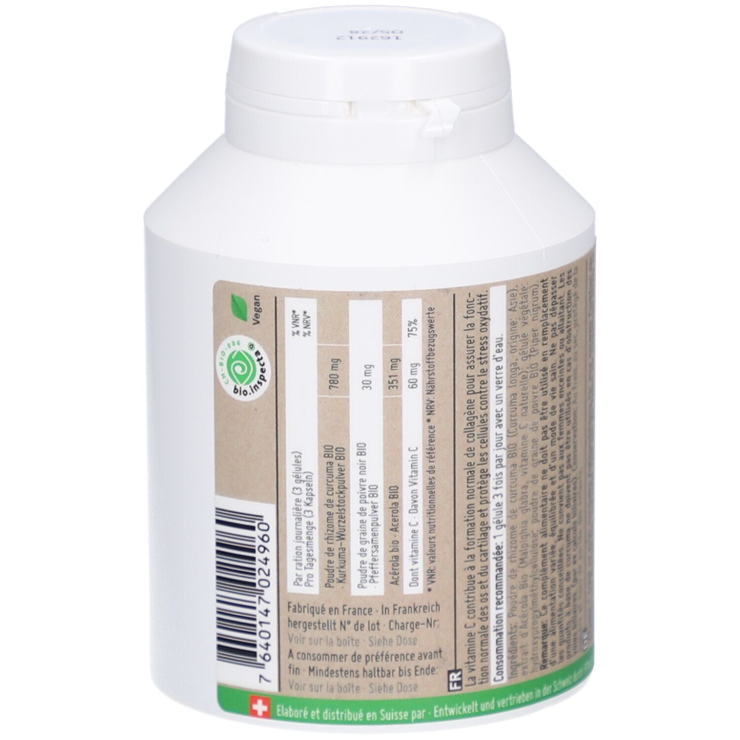 Rückseite einer weißen Flasche mit Schraubverschluss. Etikett mit Nährwertangaben und Inhaltsstoffen. Vegan-Siegel.