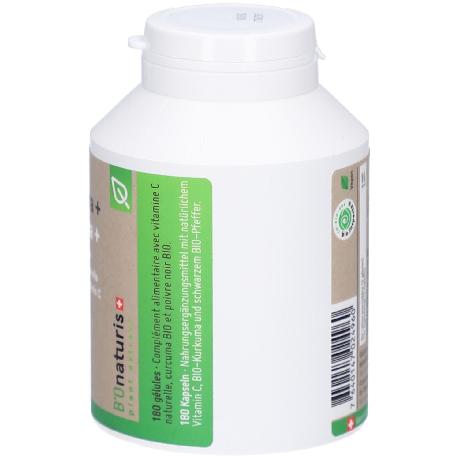 Weiße Flasche mit Schraubverschluss. Grün-braunes Etikett mit Produktinformationen. 180 Kapseln. B'onaturis Logo.