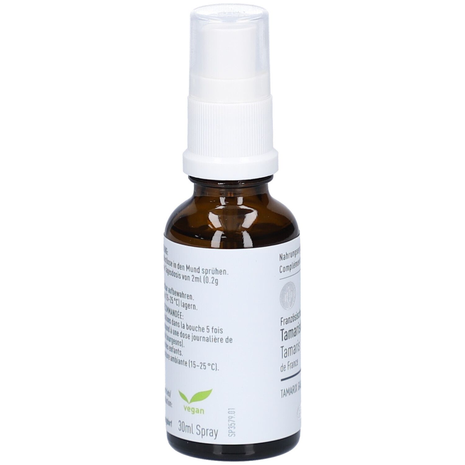 Flacon en verre brun avec spray, étiquette arrière avec instructions d'utilisation et sceau vegan.