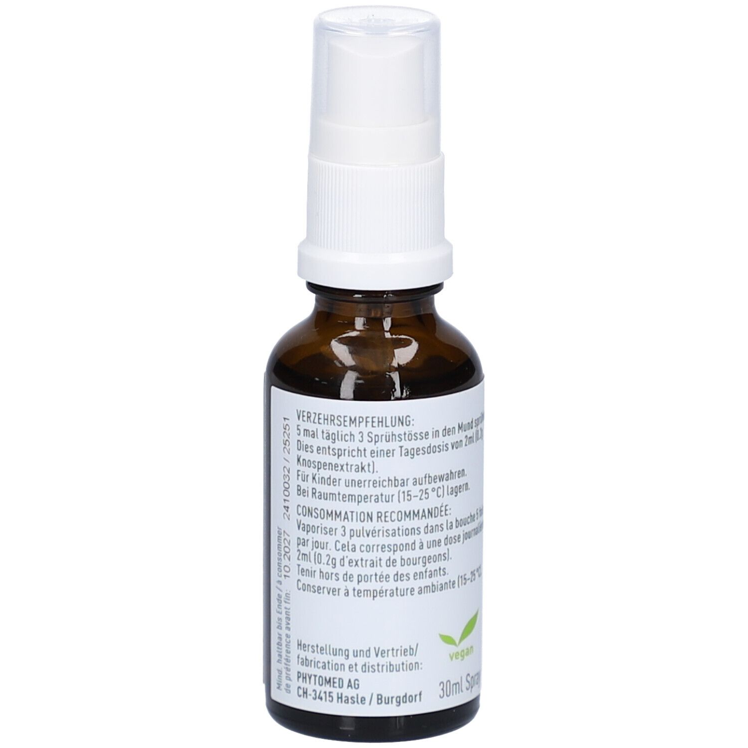 Flacon en verre brun avec spray, étiquette avec recommandation d'utilisation et informations fabricant.