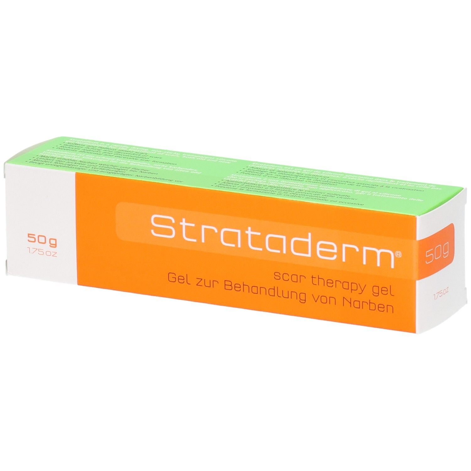 Strataderm scar therapy gel, 50g Verpackung. Gel zur Behandlung von Narben.