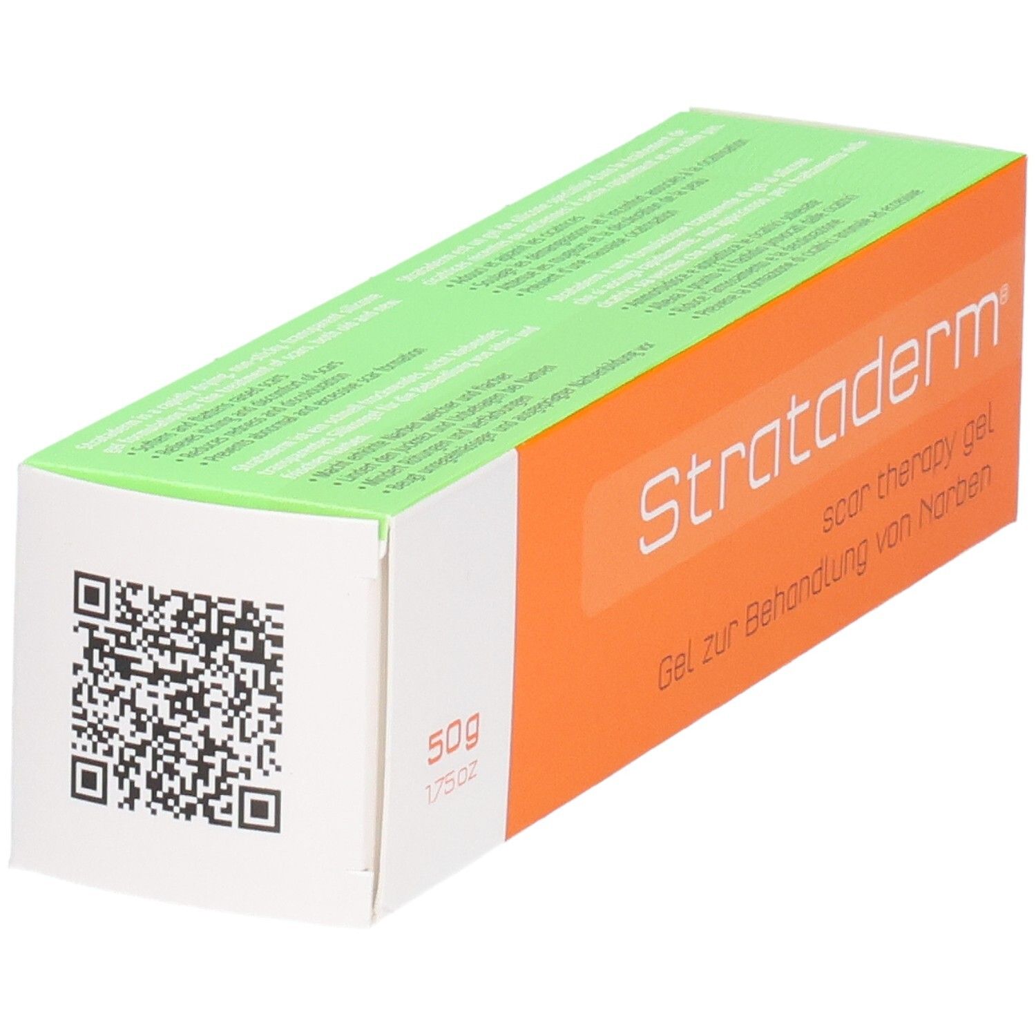 Strataderm scar therapy gel, 50g Verpackung mit QR-Code. Gel zur Behandlung von Narben.