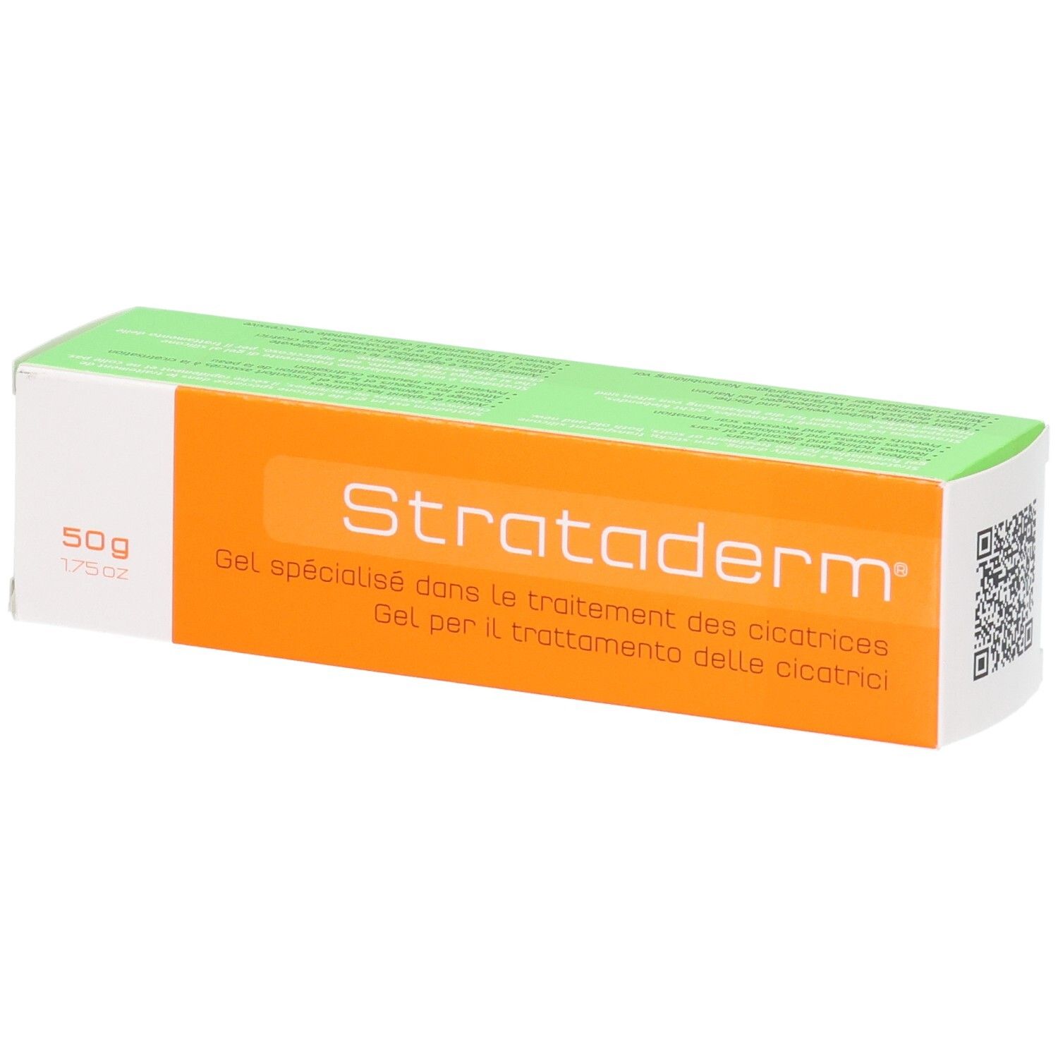 Strataderm scar therapy gel, 50g Verpackung. Mehrsprachige Beschreibung.
