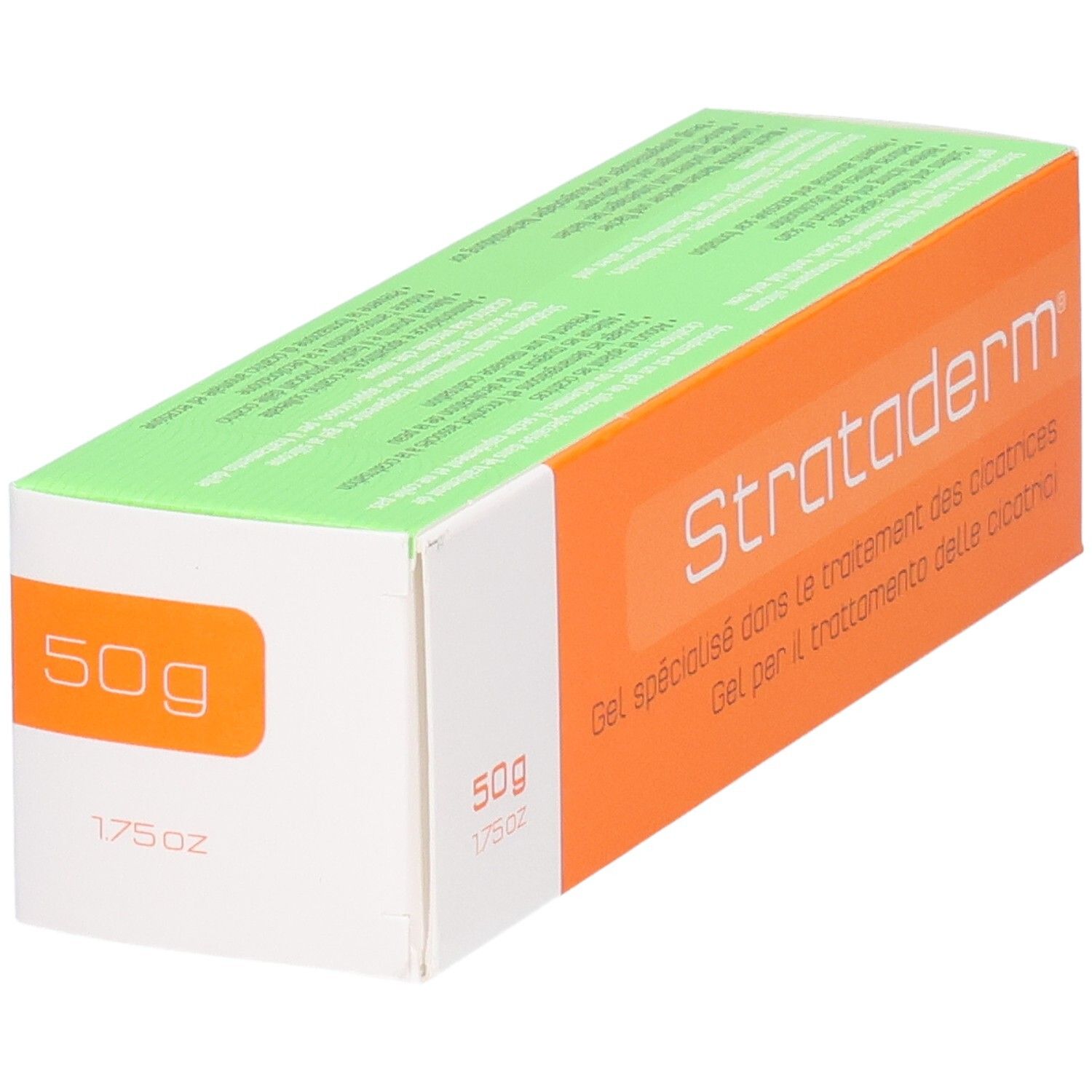 Strataderm scar therapy gel, 50g Verpackung. Vorderseite mit 50g Angabe.